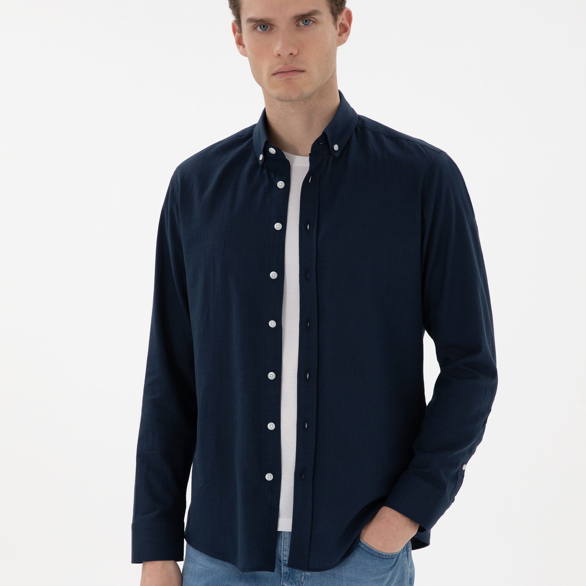 Navy Blue Slim Fit Linen Look Shirt