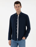 Navy Blue Slim Fit Linen Look Shirt