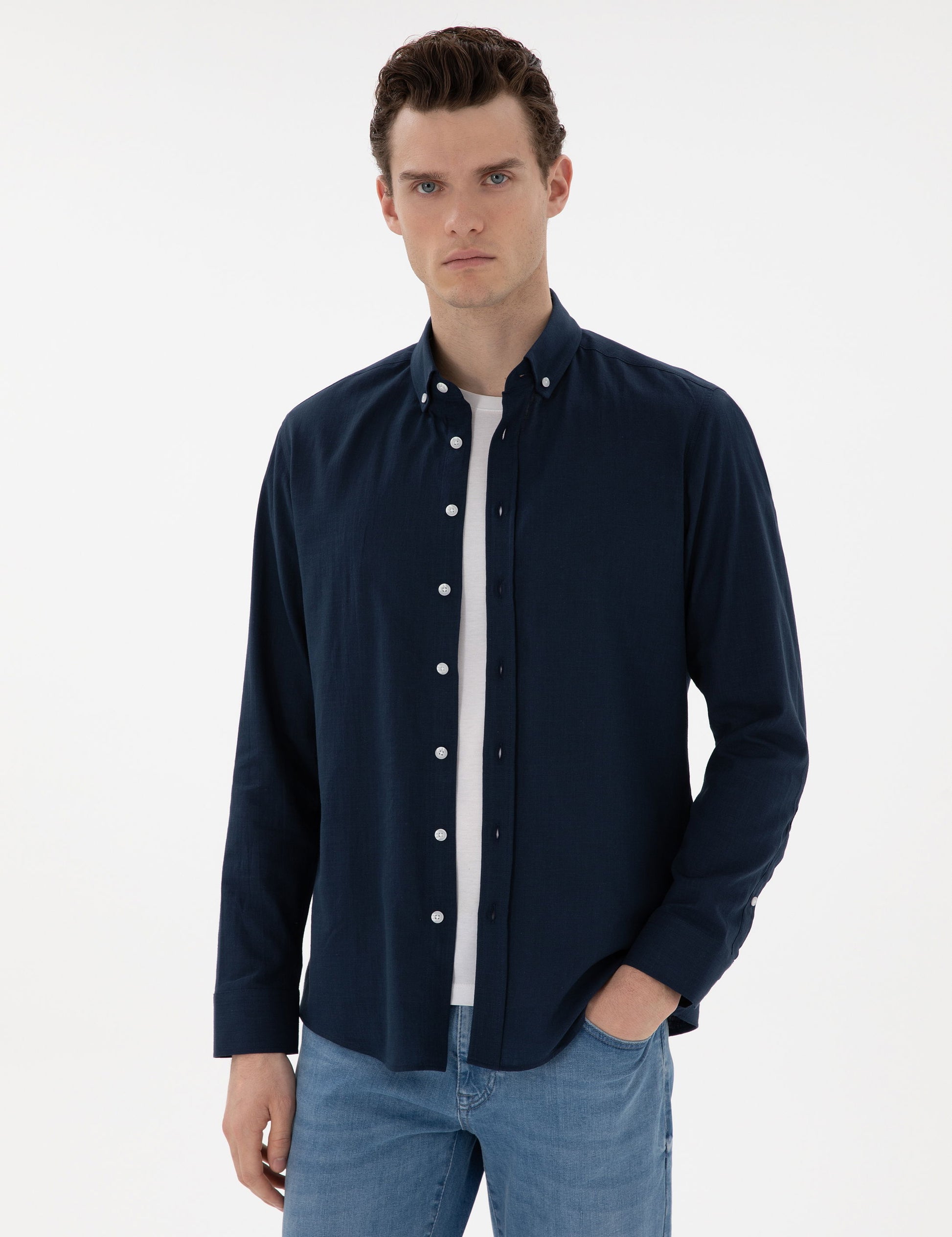 Navy Blue Slim Fit Linen Look Shirt