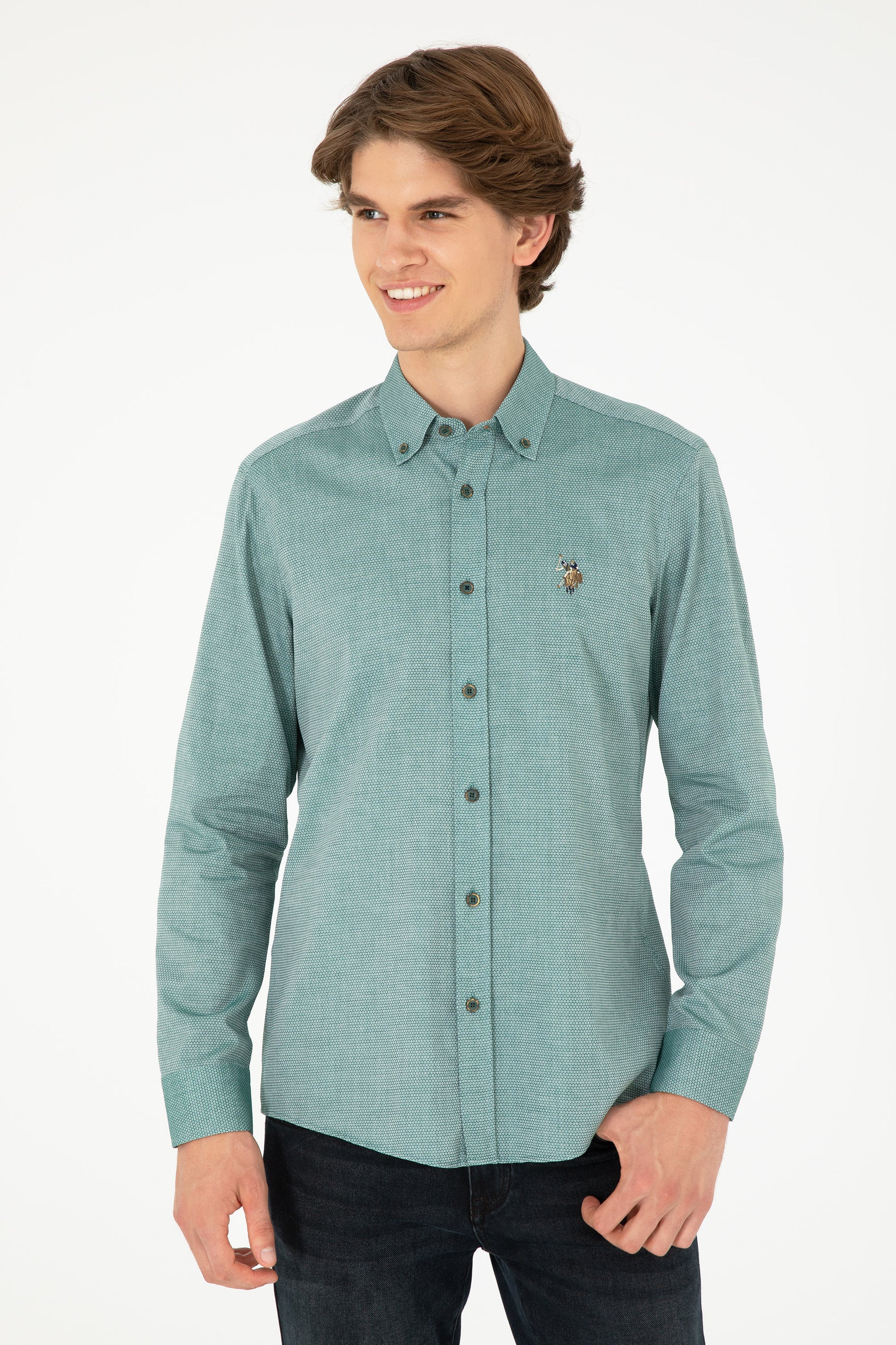 Men's Dark Green Long Sleeve Basic Shirt