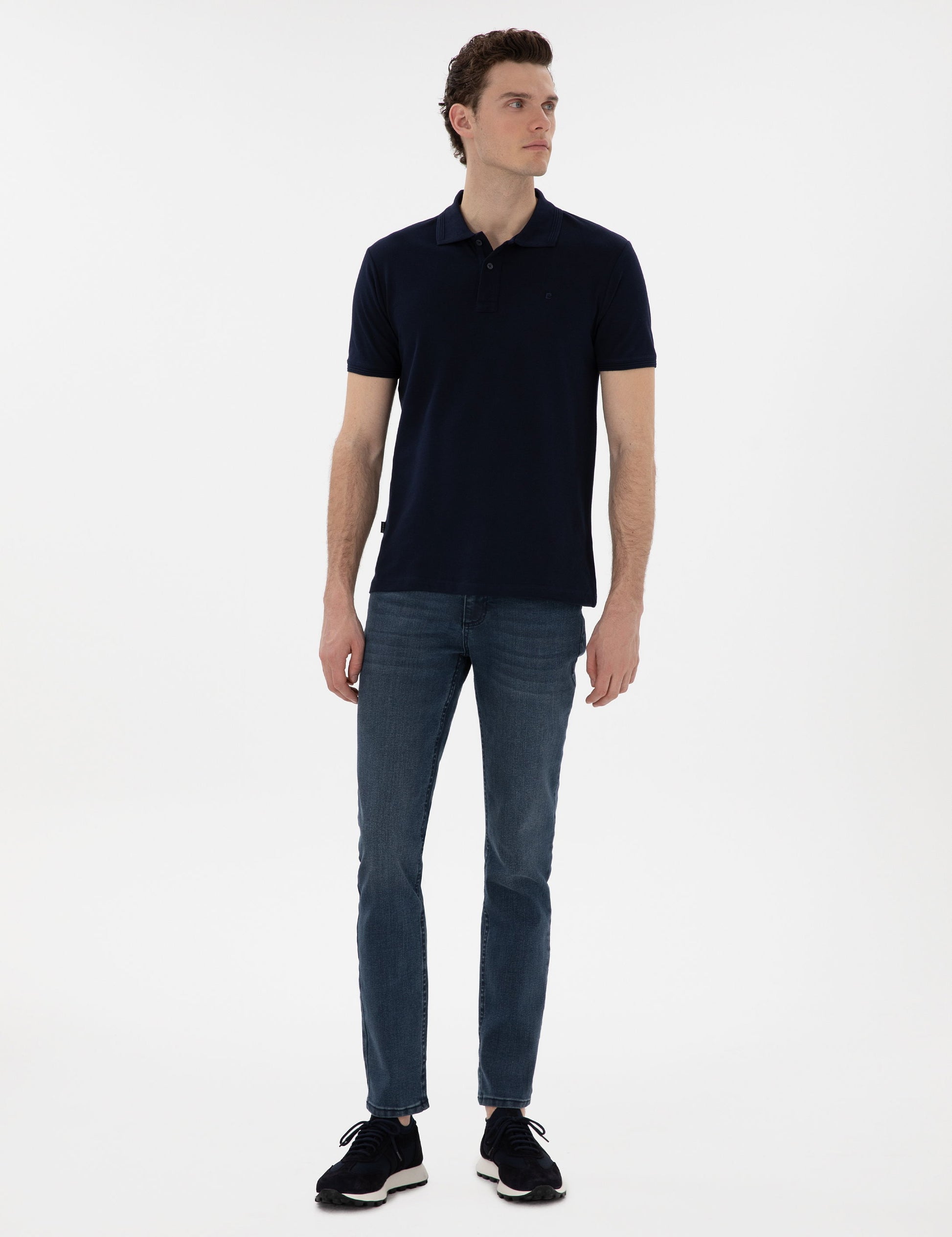 Navy Blue Slim Fit No-Fold Polo Neck Basic T-Shirt