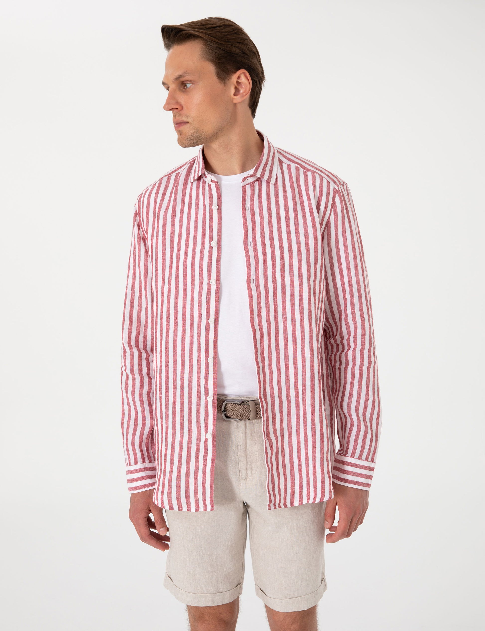 Nar ��i��e��i %100 Keten ��izgili Regular Fit Uzun Kollu G��mlek