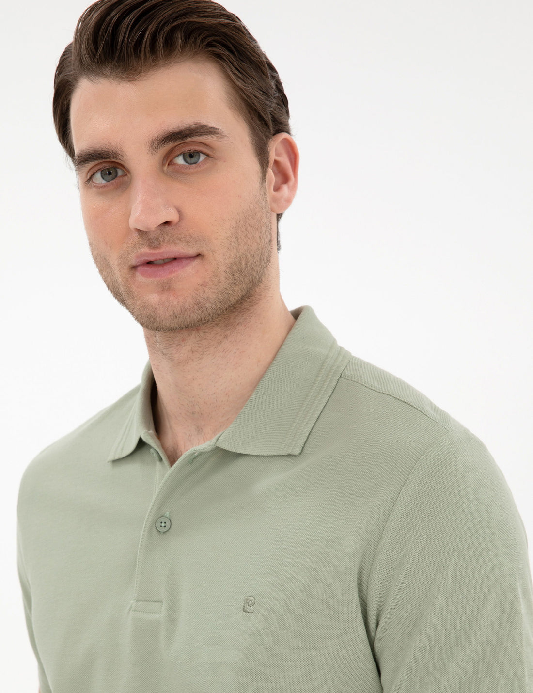 Cagla Green Slim Fit 100% Cotton Polo Neck Basic T-Shirt