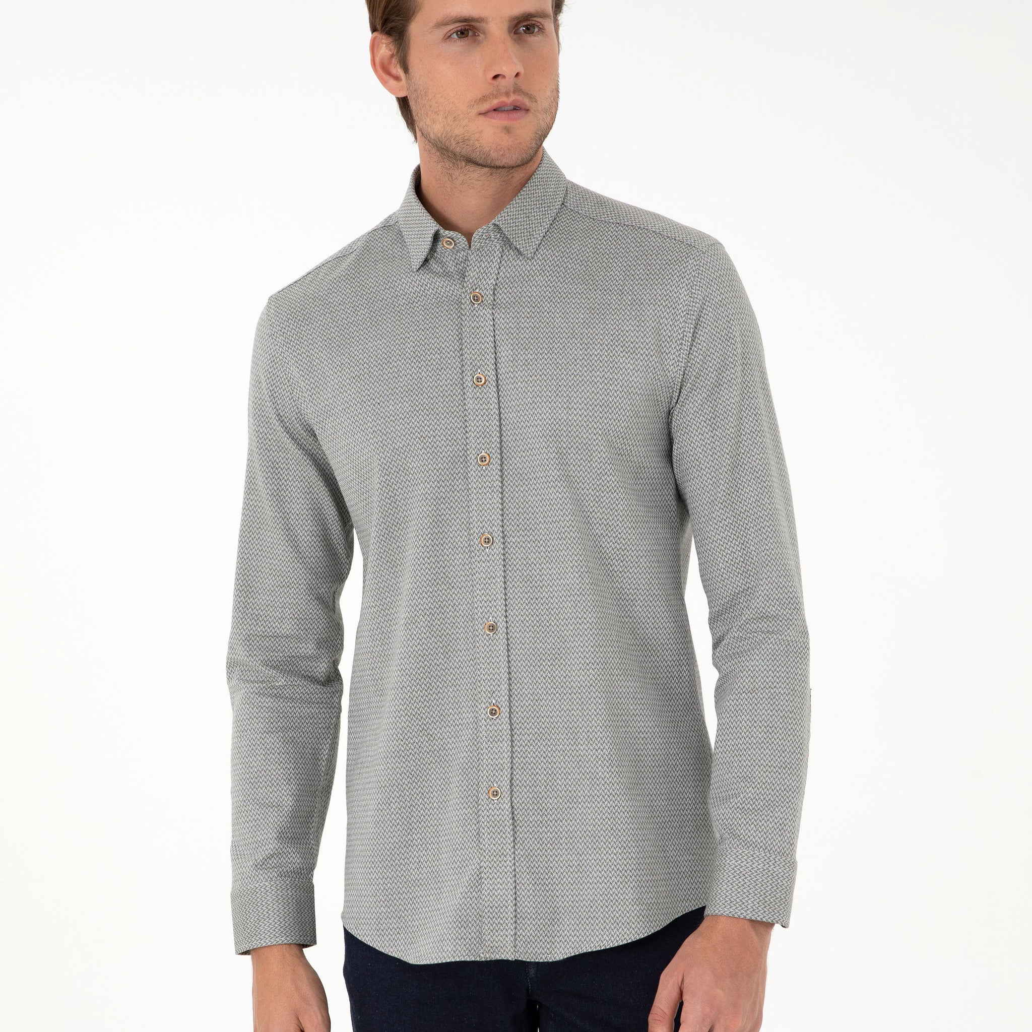 Light Khaki Slim Fit Long Sleeve Shirt
