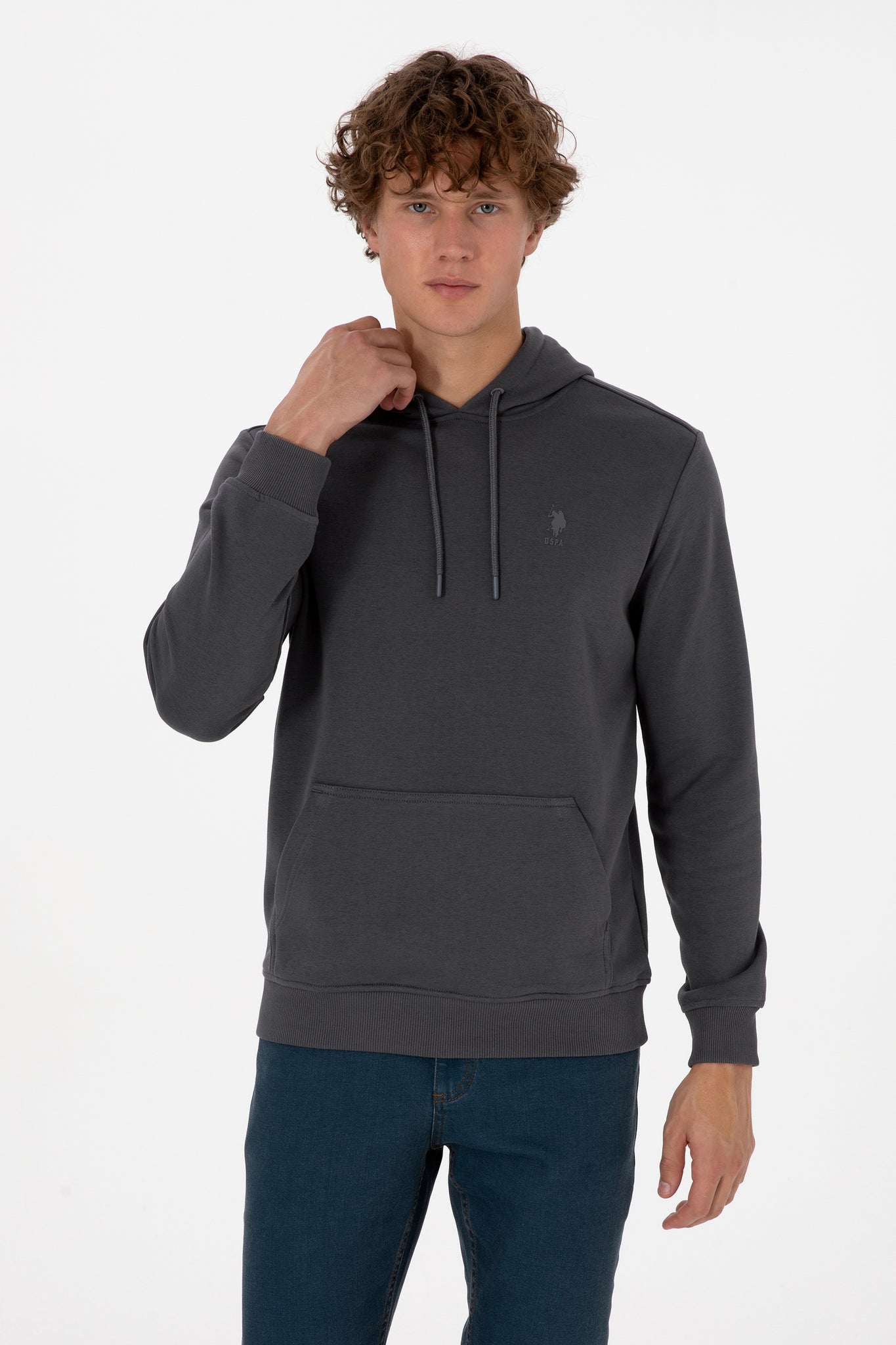 Erkek Regular Fit Kapişonlu Grı Basic Sweatshirt