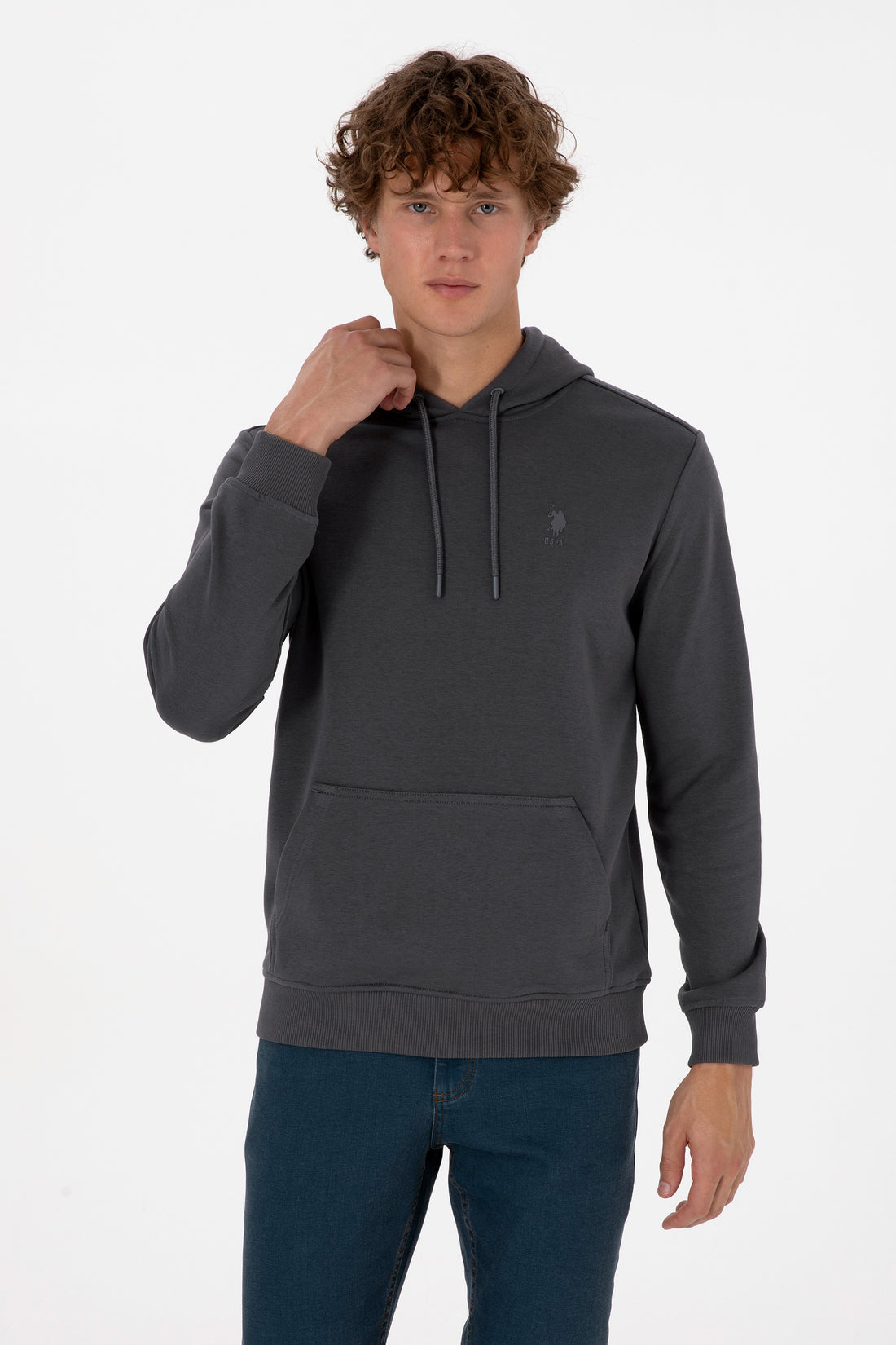Erkek Regular Fit Kapişonlu Grı Basic Sweatshirt