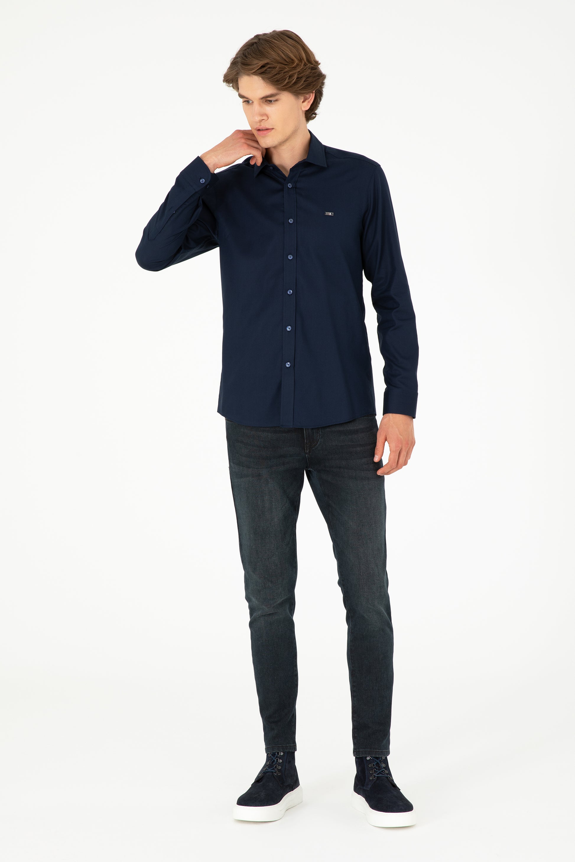 Men's Navy Blue Long Sleeve Basic Shirt