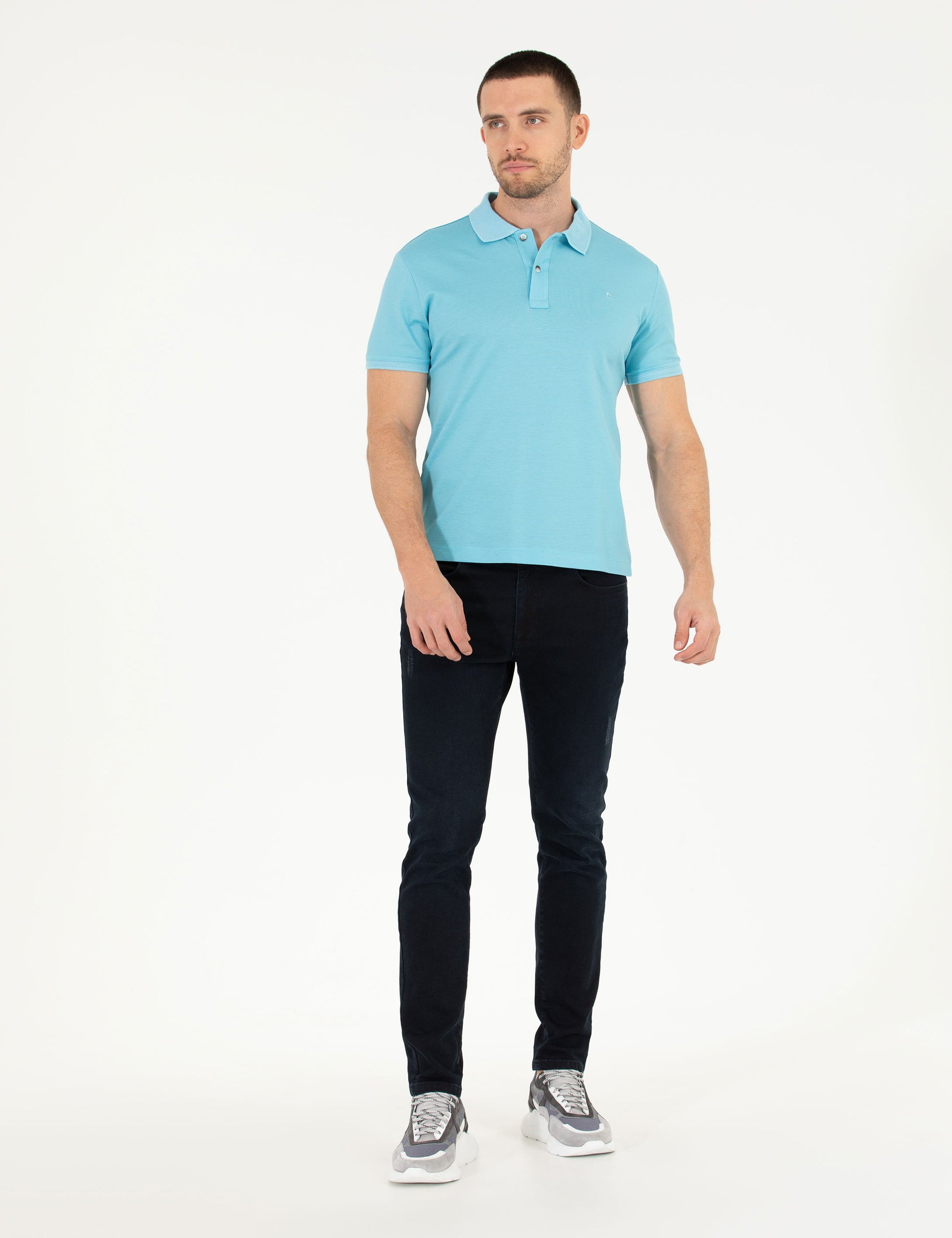 Light Blue Slim Fit Polo Neck Mercerized T-Shirt