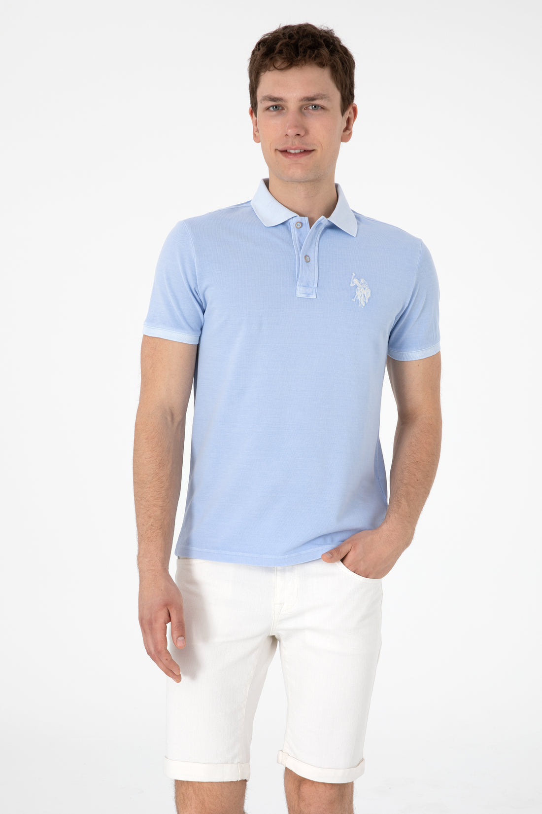Men's Slim Fit Polo Neck Light Blue Wash Basic T-Shirt