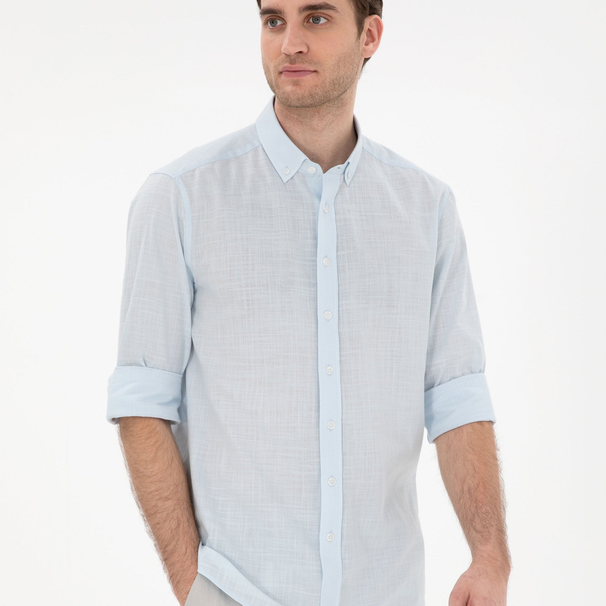 Light Blue Linen Look Slim Fit Long Sleeve Shirt