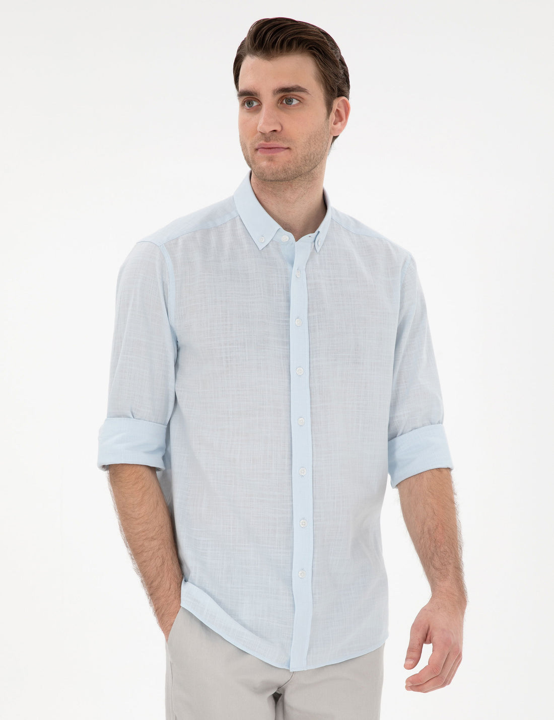 Light Blue Linen Look Slim Fit Long Sleeve Shirt