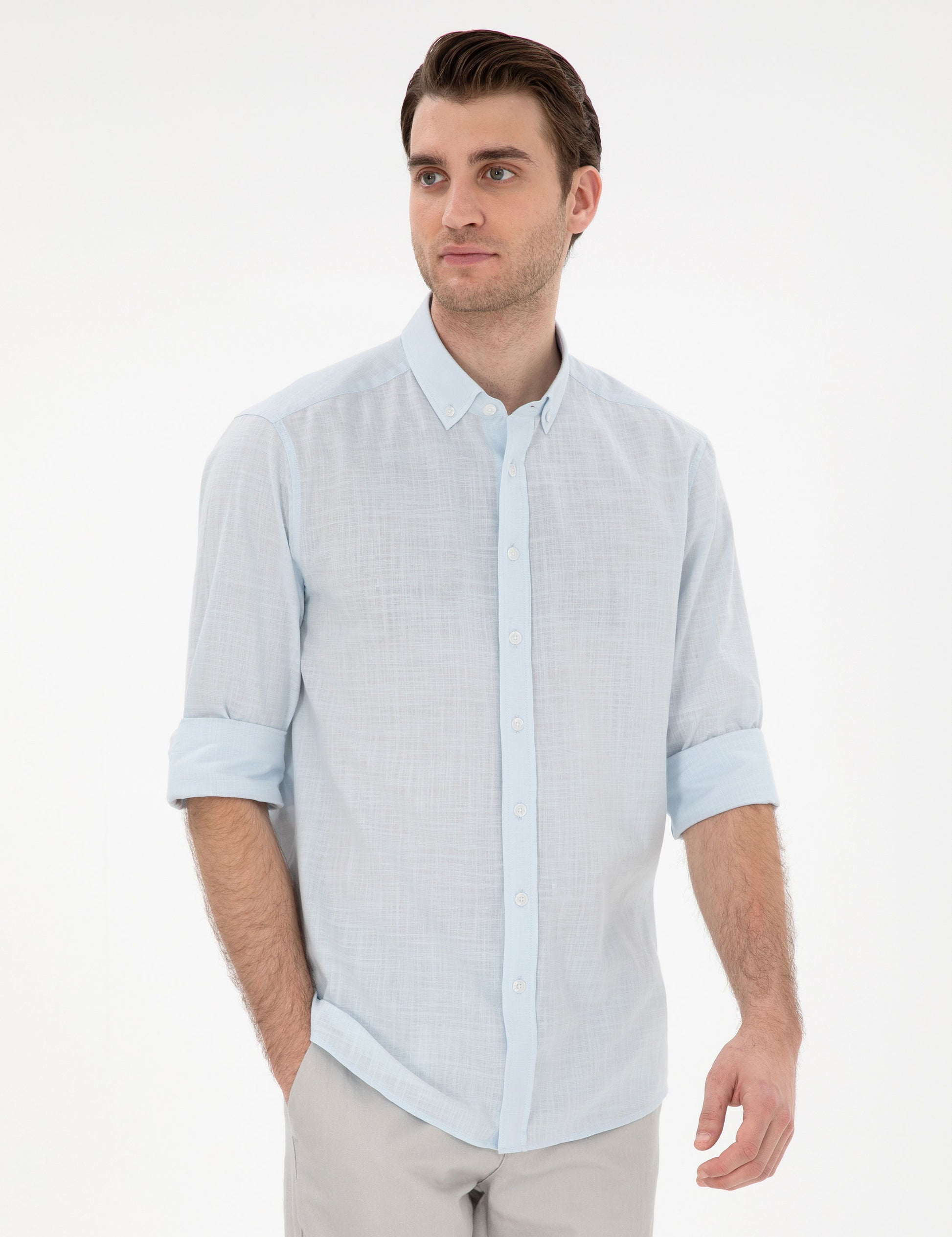 Light Blue Linen Look Slim Fit Long Sleeve Shirt