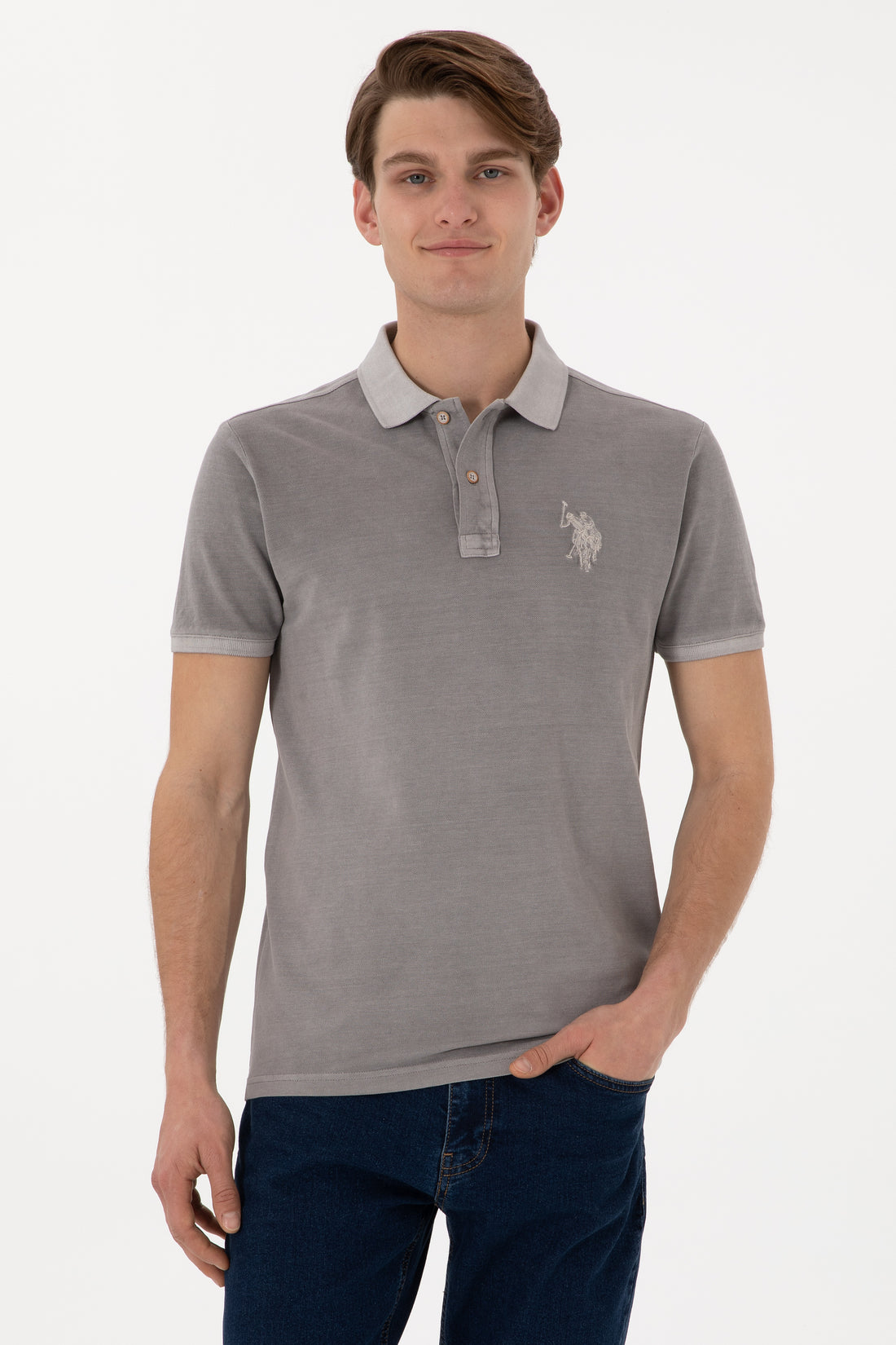 Men's Slim Fit Polo Neck Dark Grey Wash Basic T-Shirt
