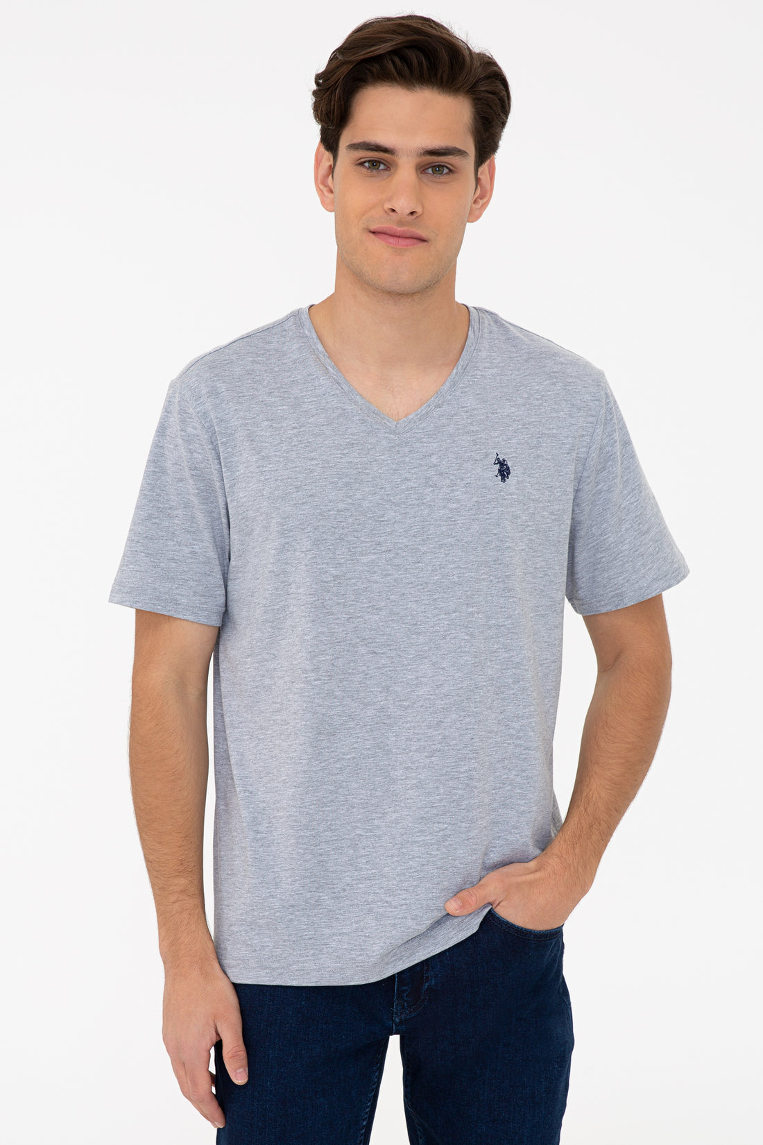 Men's Grey Melange Basic V Neck T-Shirt