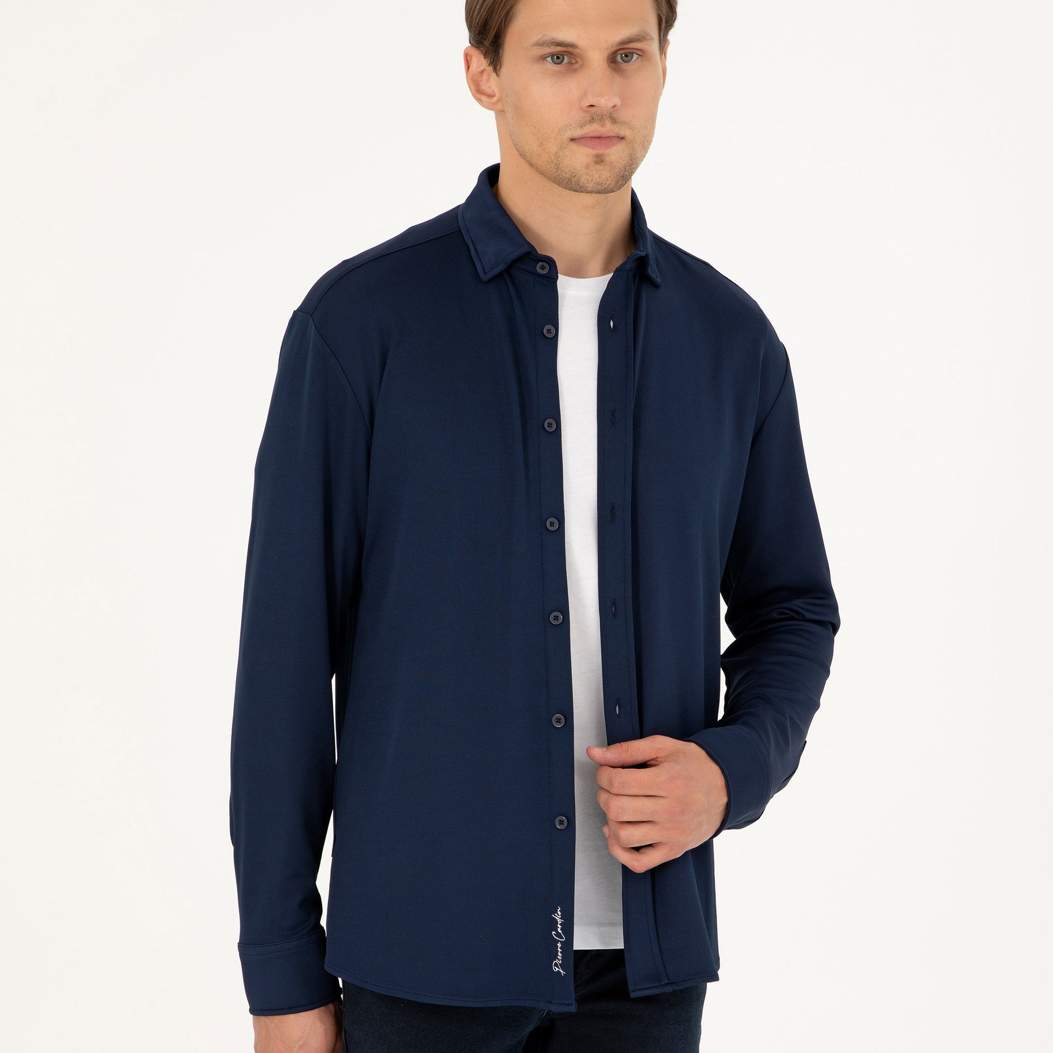 Navy Blue Slim Fit Knitted Shirt