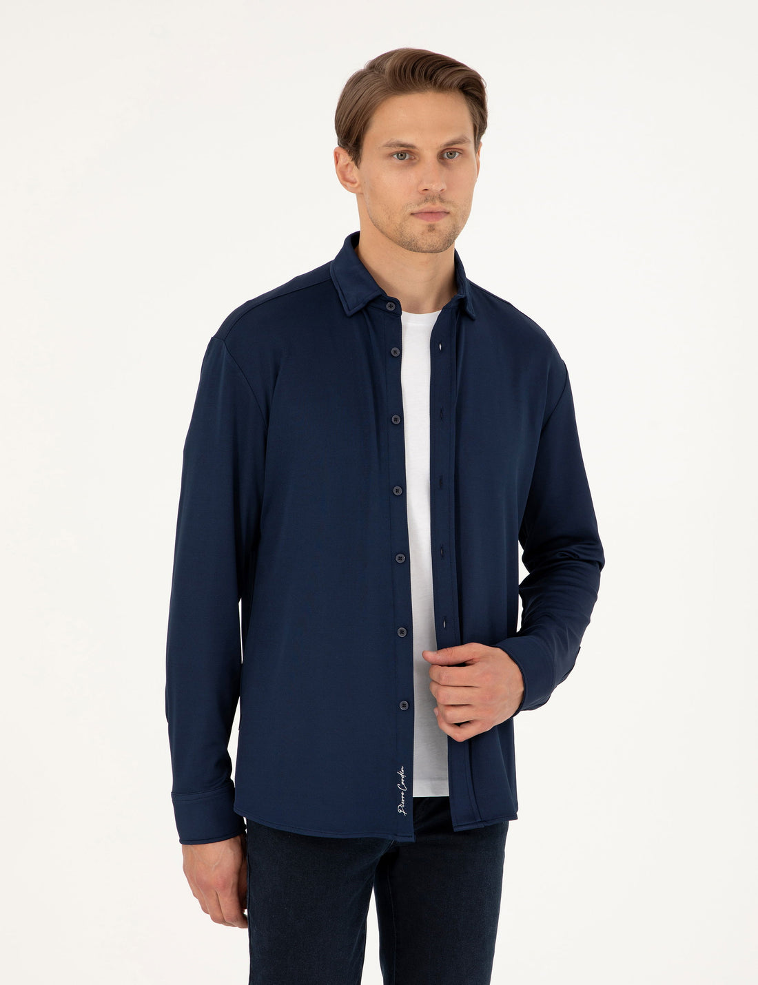 Navy Blue Slim Fit Knitted Shirt