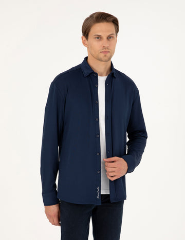 Navy Blue Slim Fit Knitted Shirt