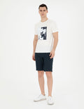 Navy Blue Slim Fit Linen Elastic Waist Woven Shorts