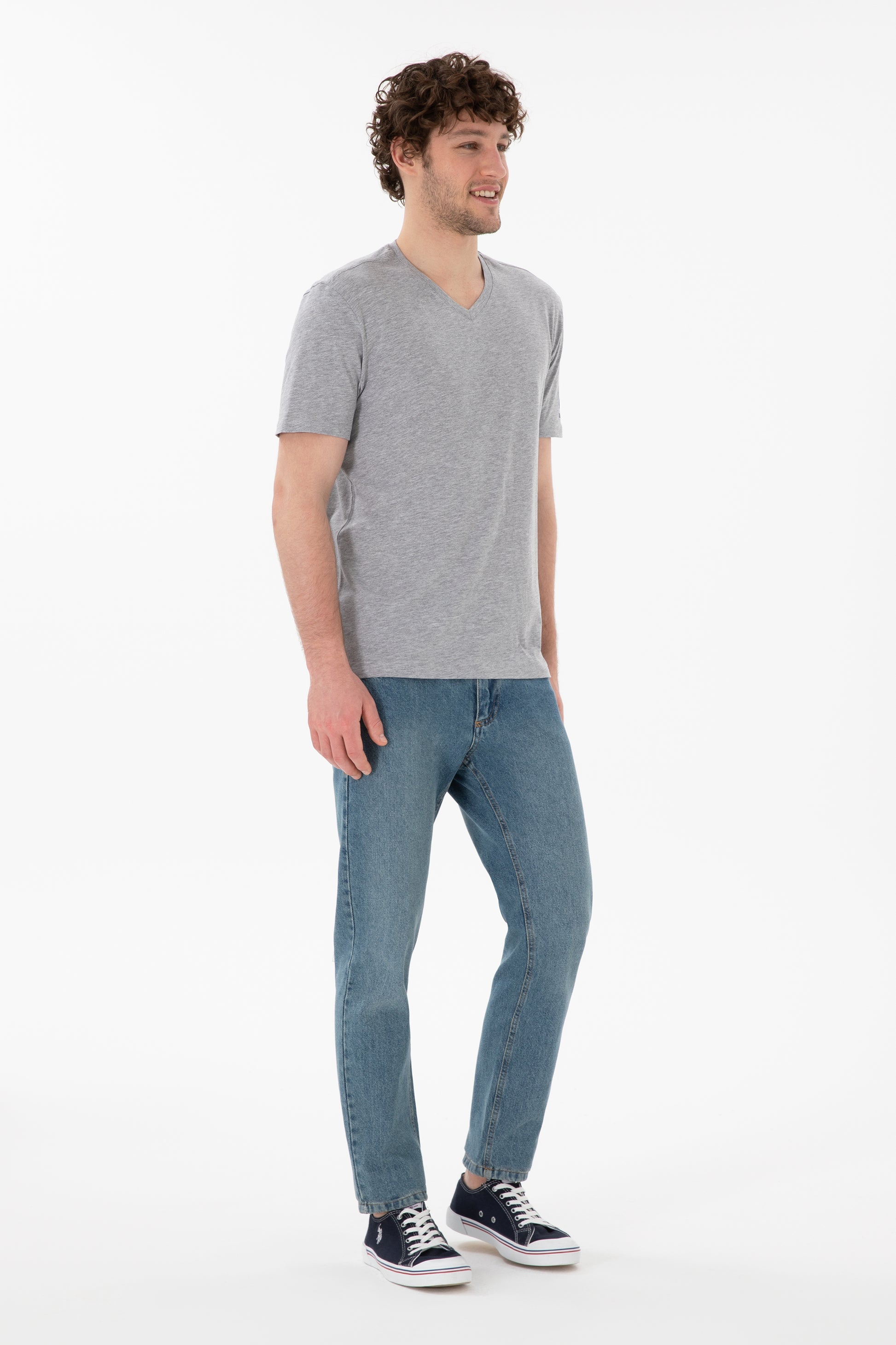 Men's Regular Fit V-Neck Grey Melange Basic T-Shirt