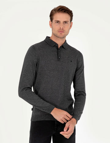 Anthracite Melange Slim Fit Polo Neck Basic Knitwear Sweater