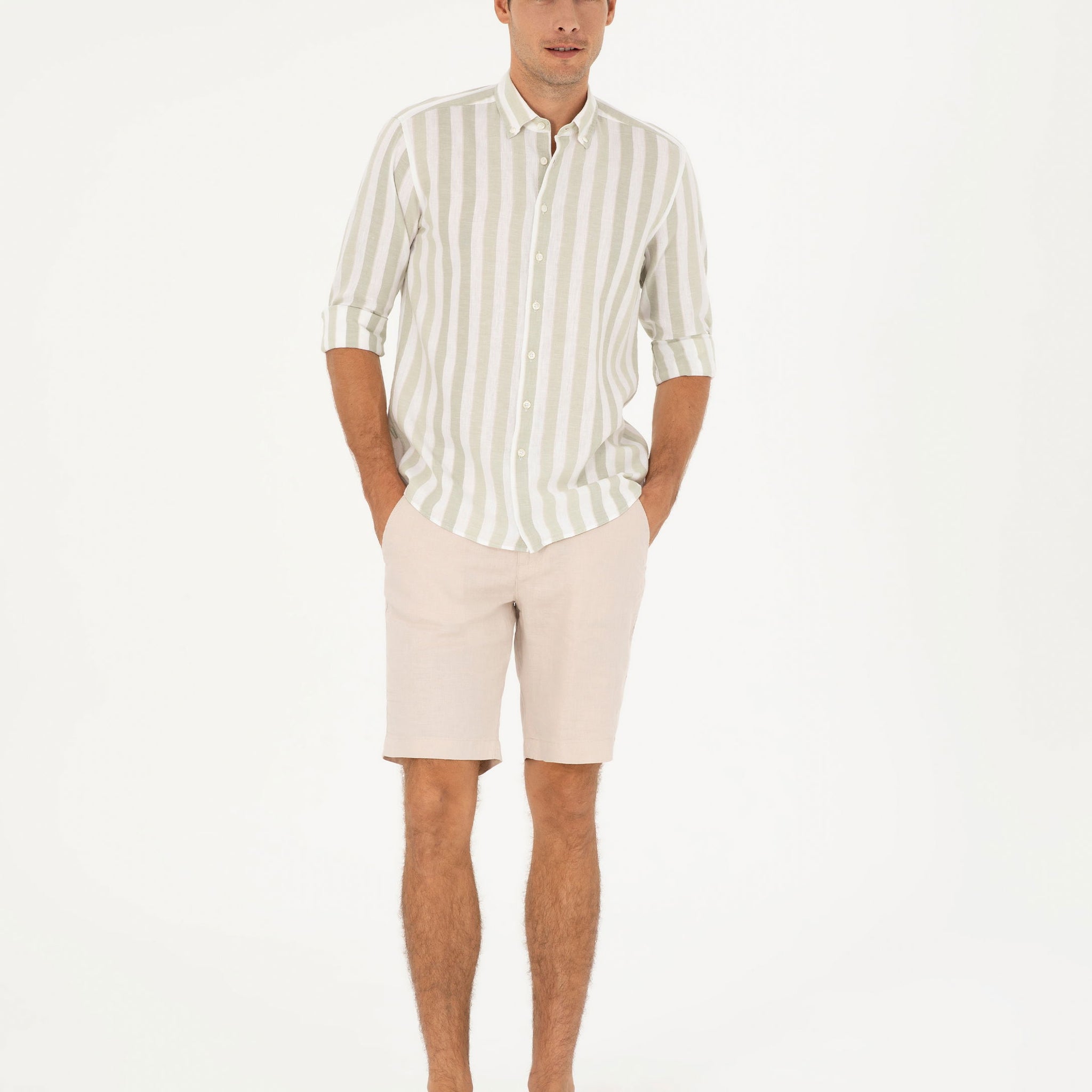 Beige Slim Fit Linen Waist Elastic Woven Shorts