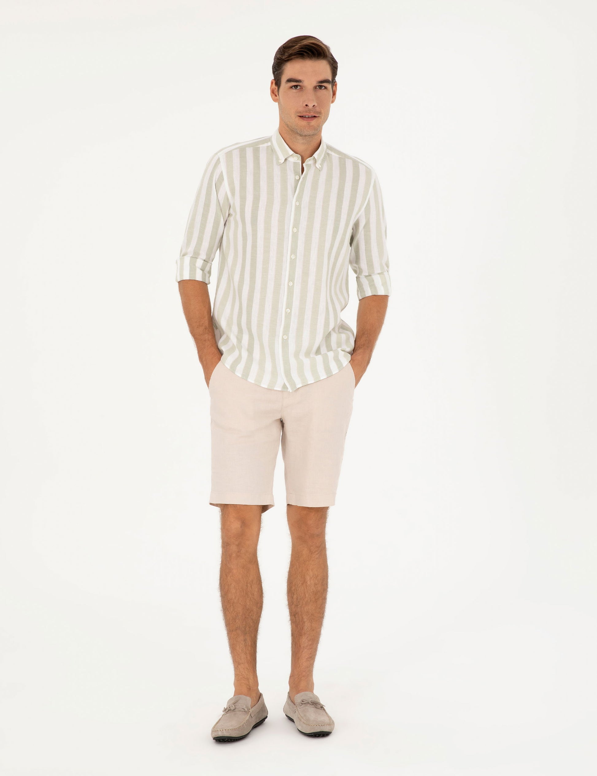 Beige Slim Fit Linen Waist Elastic Woven Shorts