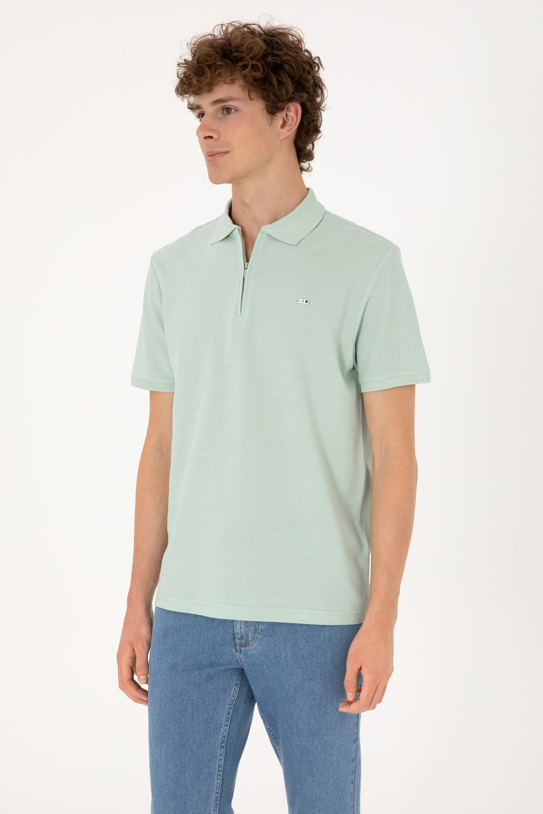 Men's Regular Fit Zipper Water Green T-Shirt