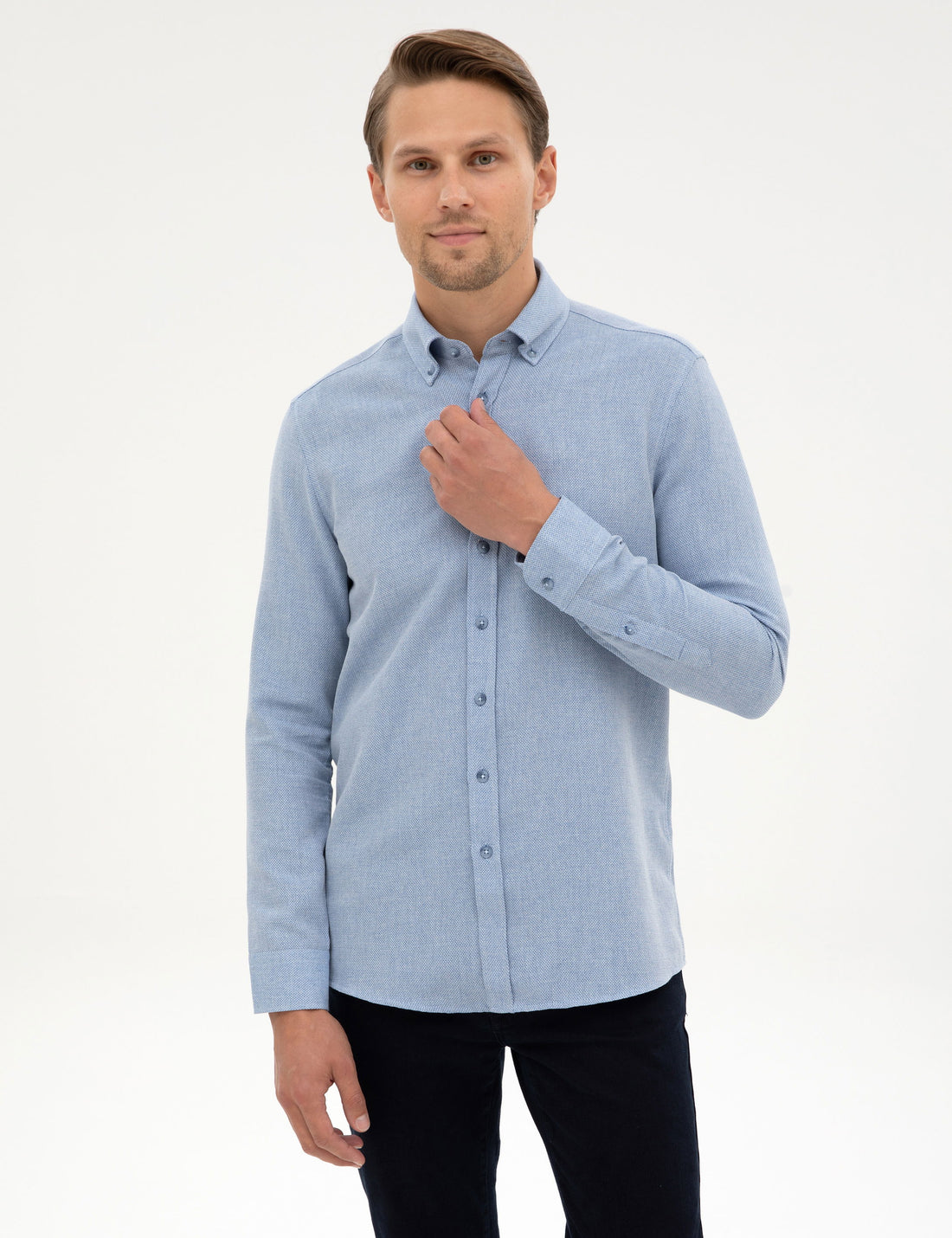 Mavi Slim Fit Dokulu Uzun Kollu G��mlek