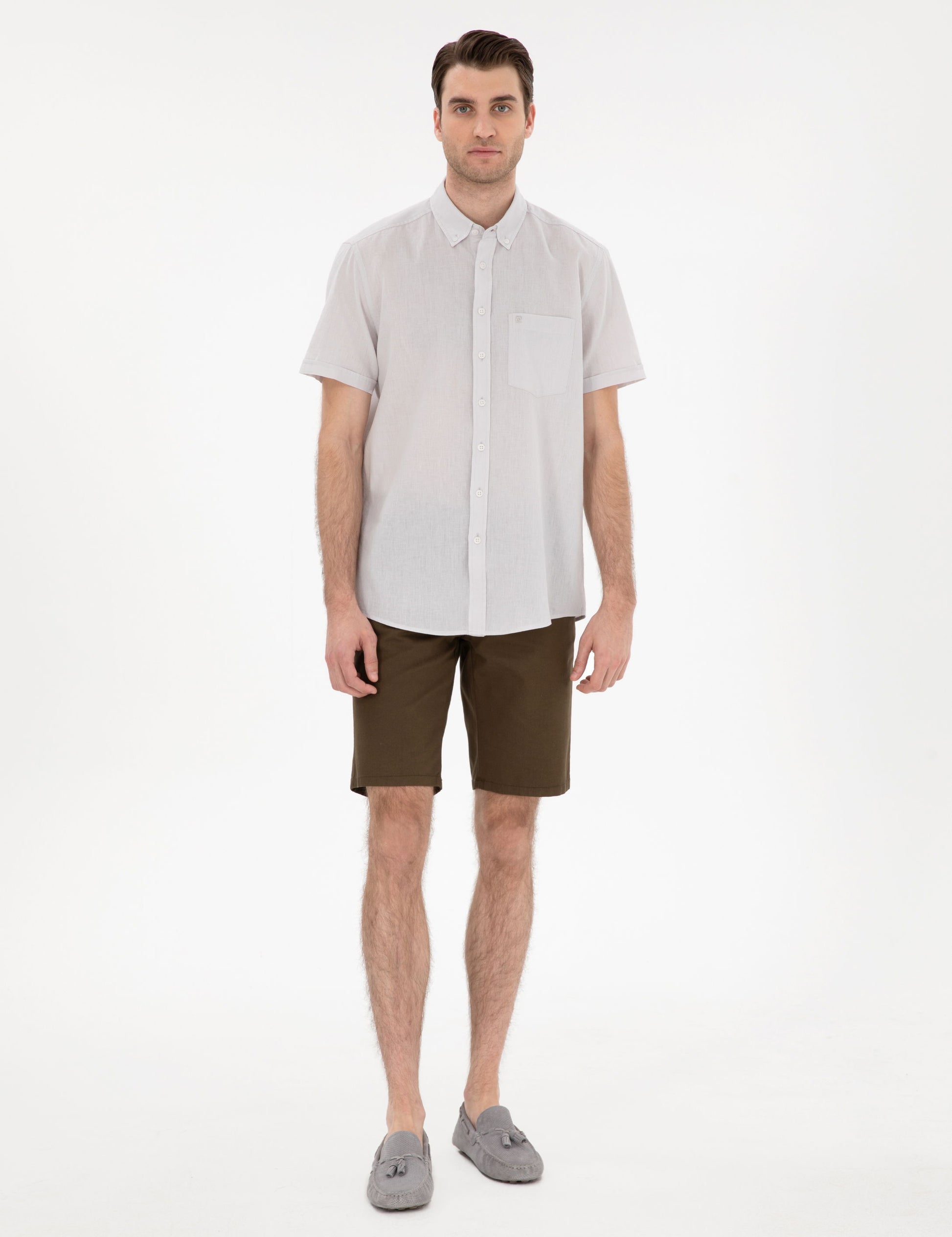 Regular Fit Short Sleeve Shirt with Stone Linen Blend