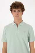 Men's Regular Fit Zipper Water Green T-Shirt