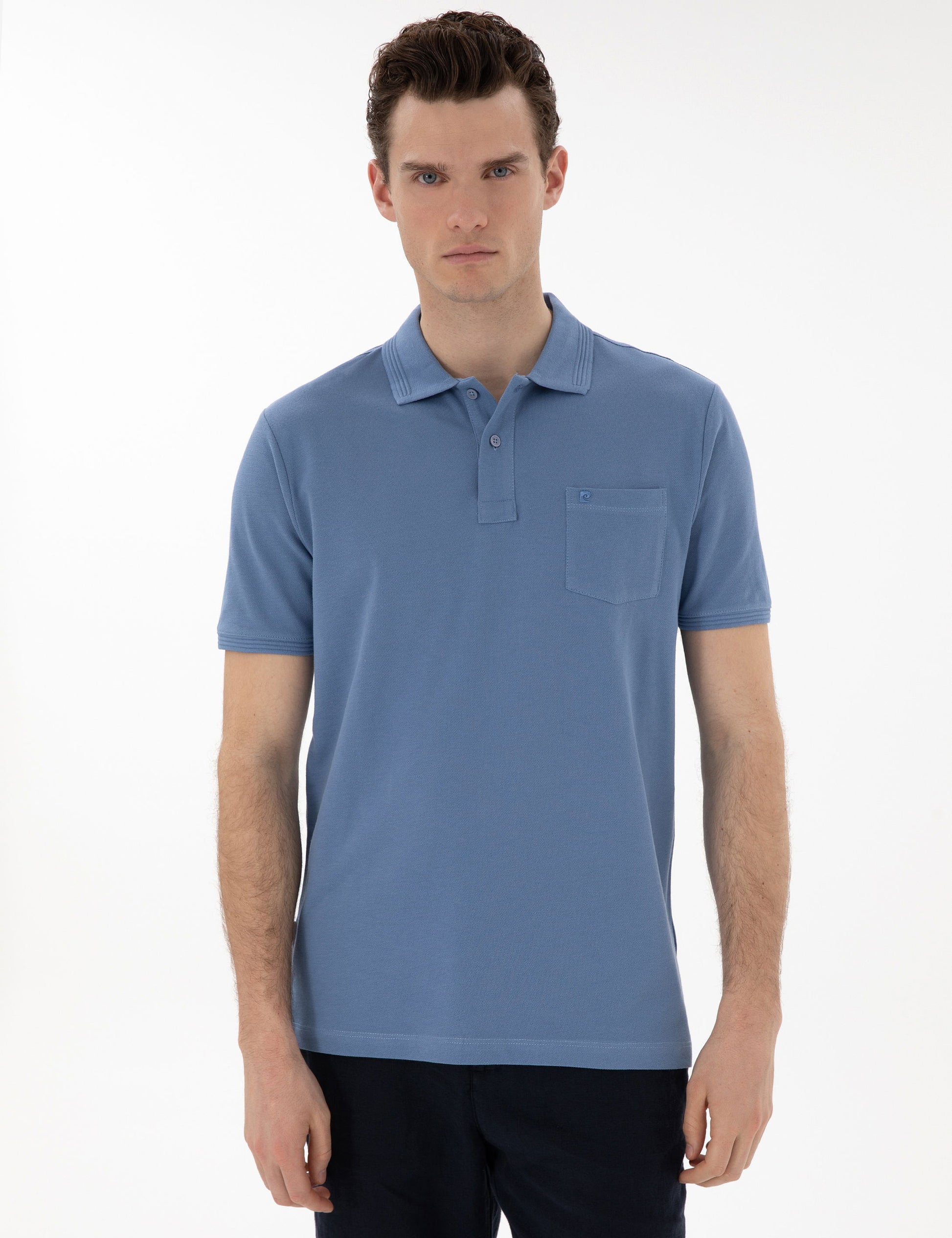 Blue Regular Fit Crewless Polo Neck Basic T-Shirt