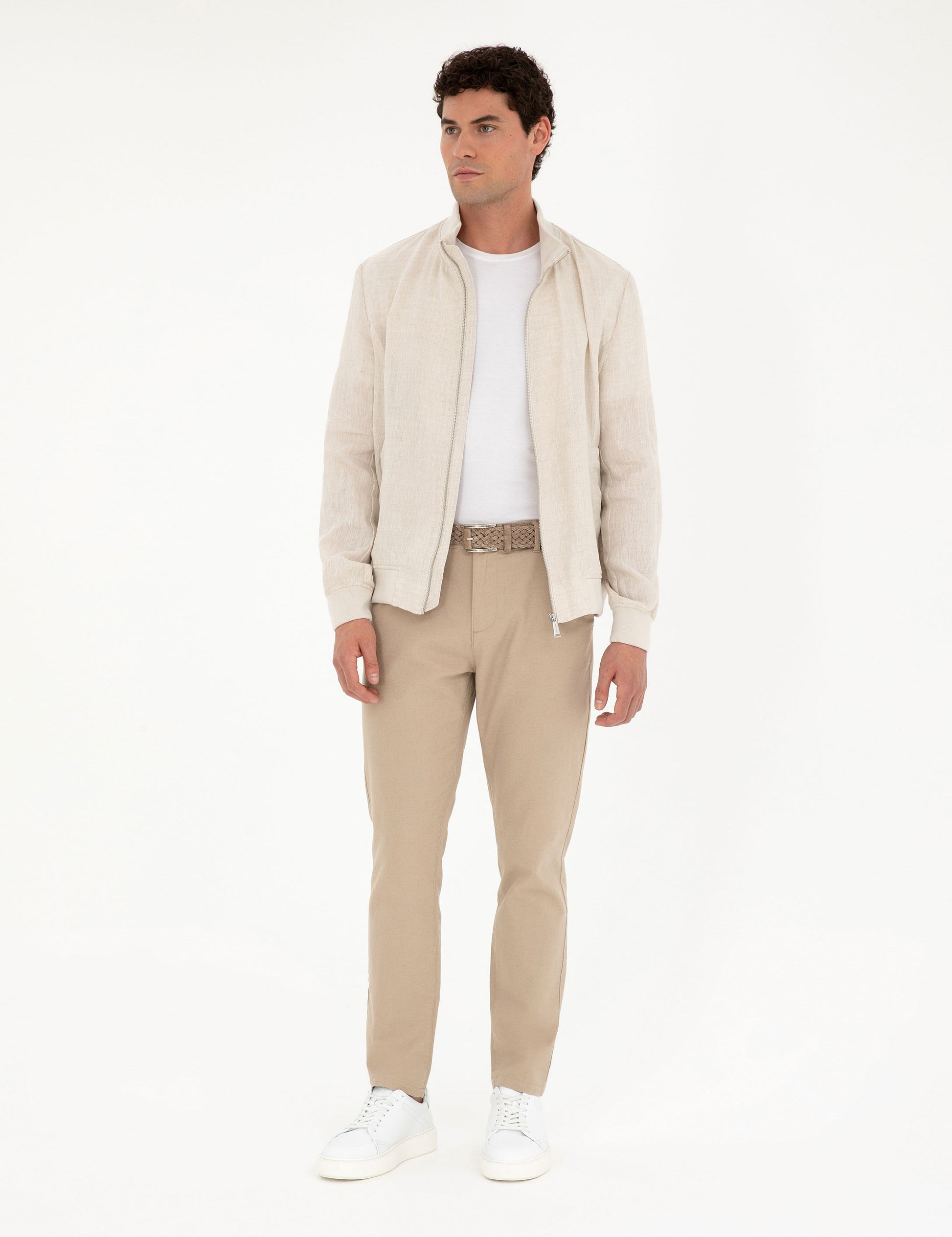 Beige Carrot Fit Linen Blended Canvas Pants