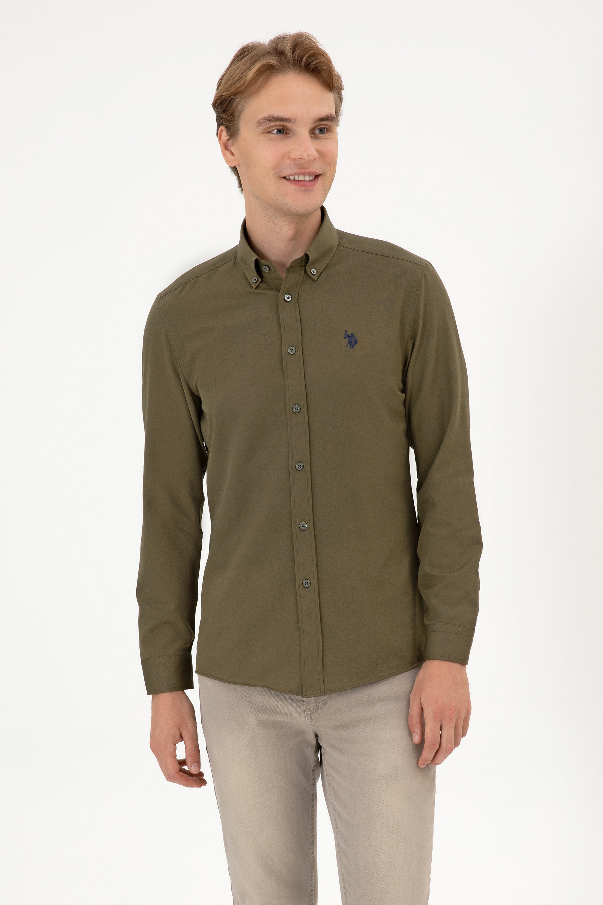 Men's Khaki Long Sleeve Basic Shirt