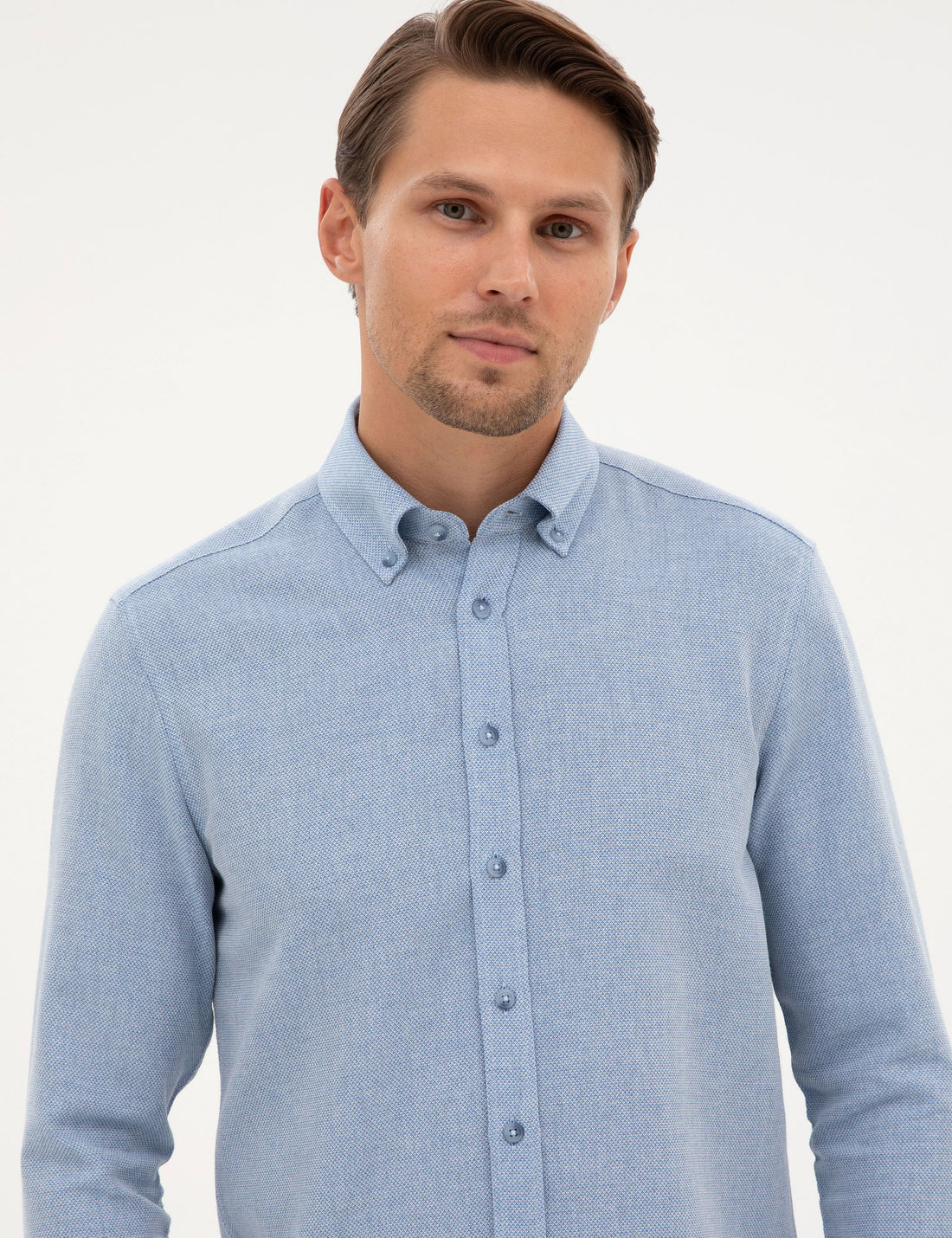 Mavi Slim Fit Dokulu Uzun Kollu G��mlek