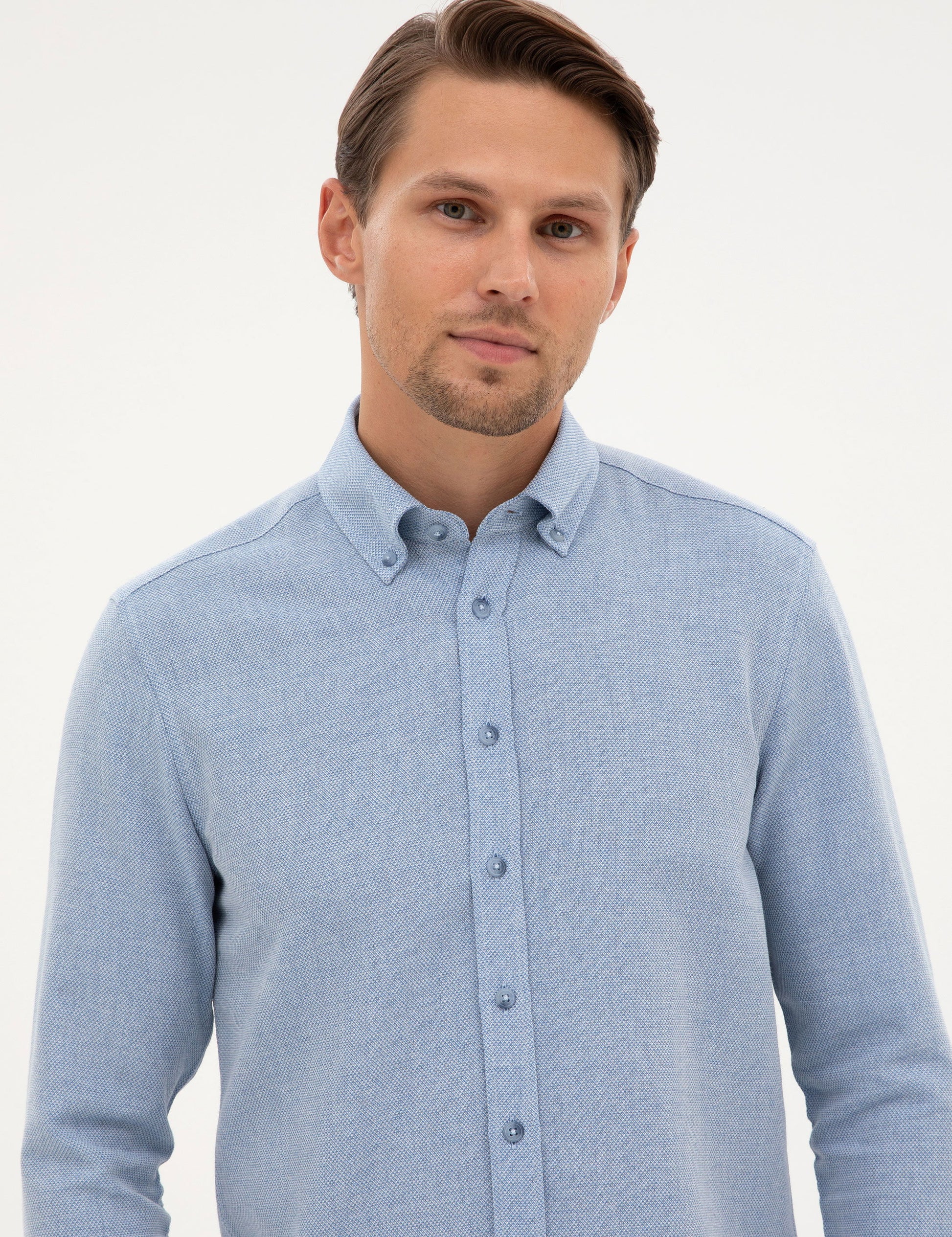 Mavi Slim Fit Dokulu Uzun Kollu G��mlek