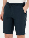 Navy Blue Slim Fit Linen Elastic Waist Woven Shorts