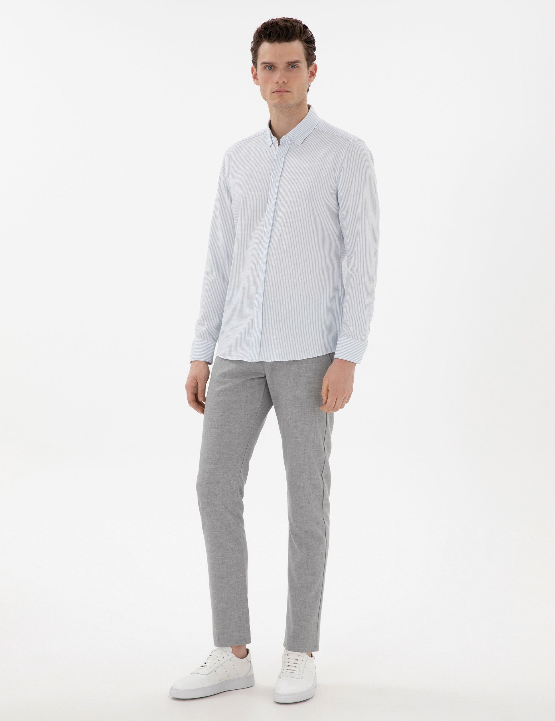 Light Blue Slim Fit Striped Long Sleeve Shirt