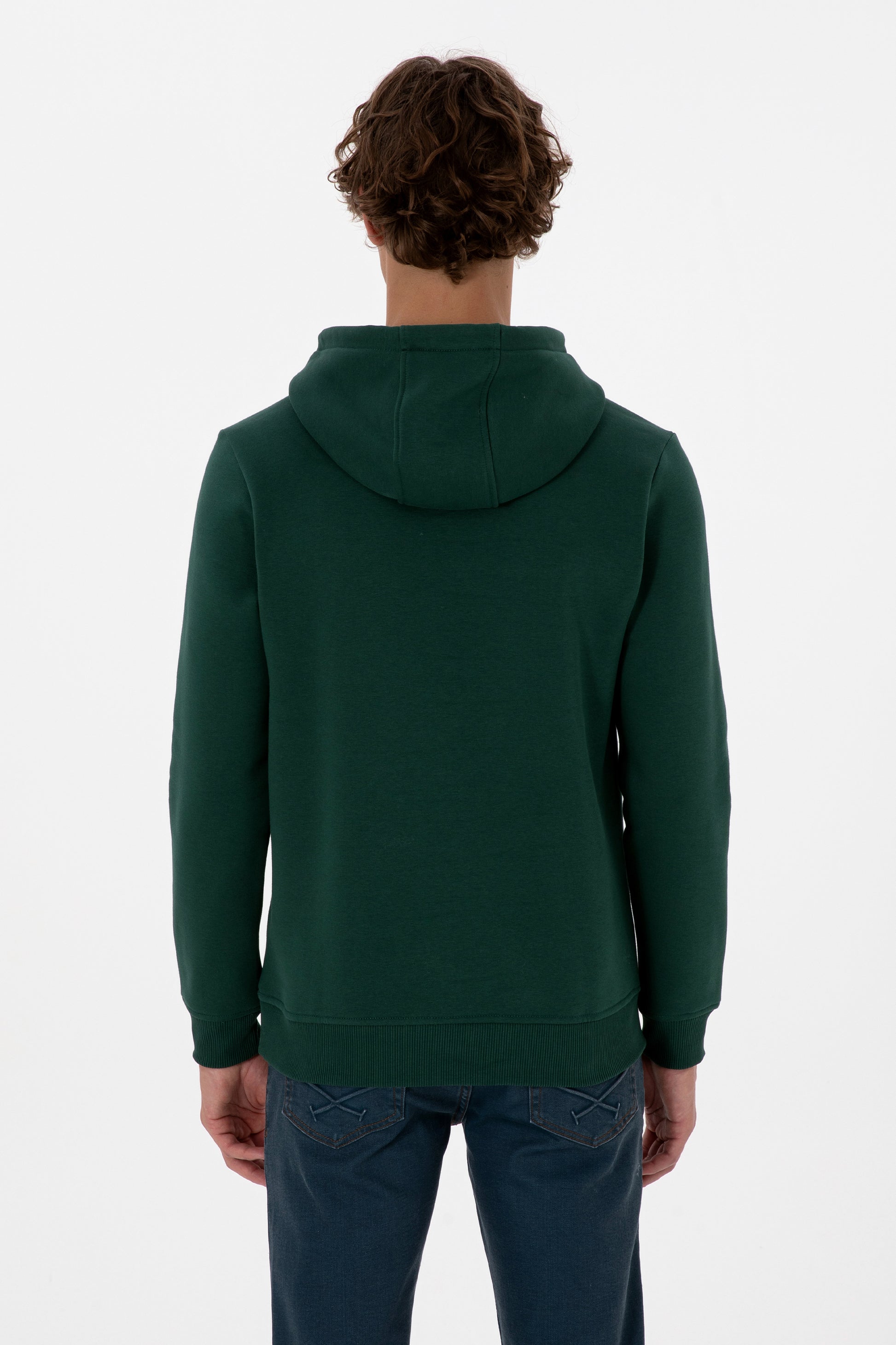 Erkek Regular Fit Kapüşonlu Koyu Yeşil Basic Sweatshirt