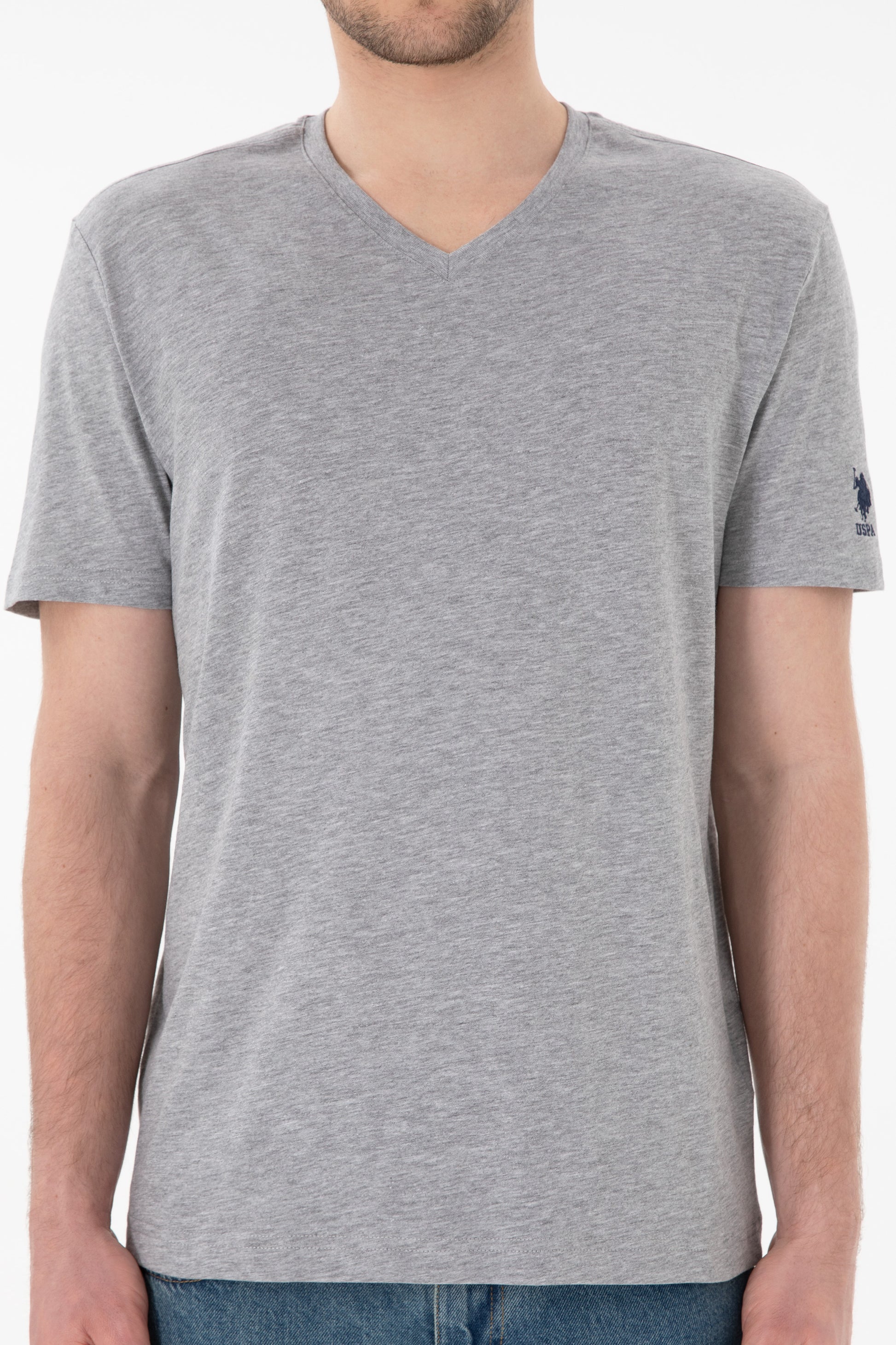 Men's Regular Fit V-Neck Grey Melange Basic T-Shirt
