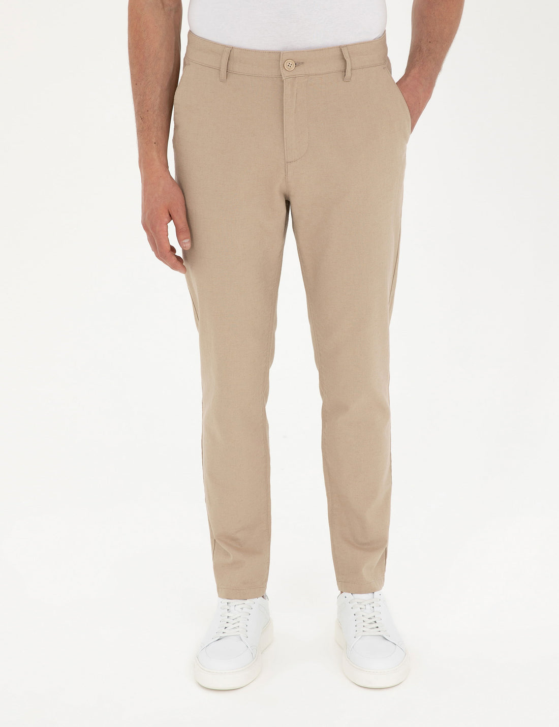 Beige Carrot Fit Linen Blended Canvas Pants