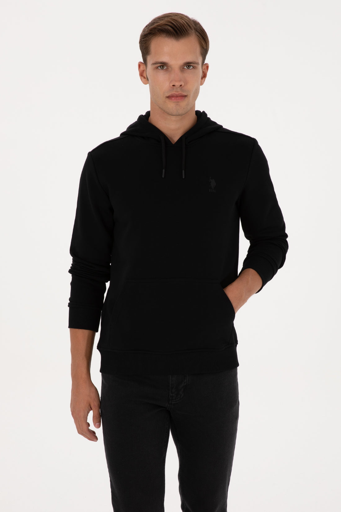 Erkek Regular Fit Kapişonlu Siyah Basic Sweatshirt