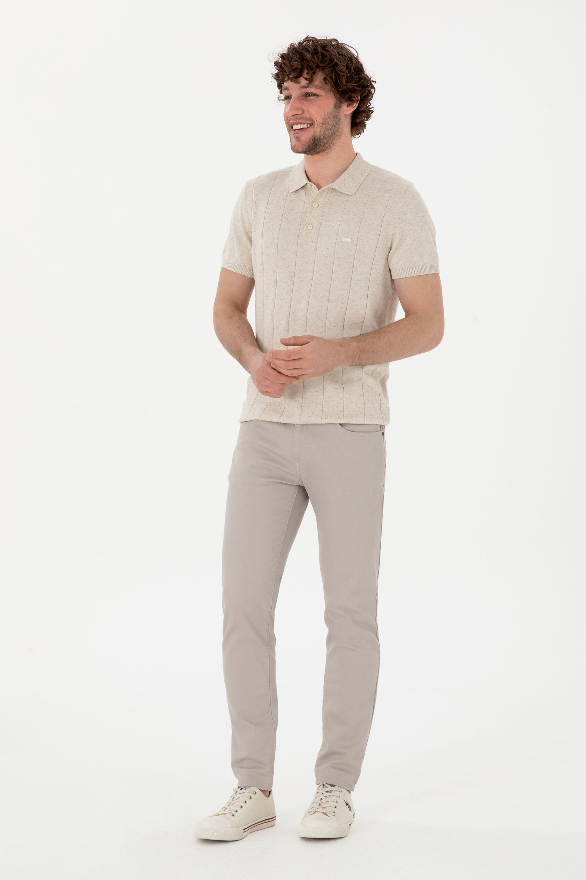 Men's Slim Fit Polo Neck Cream Knitwear T-Shirt