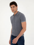Indigo Slim Fit Zipper Polo Neck Linen Blend Knitwear T-Shirt