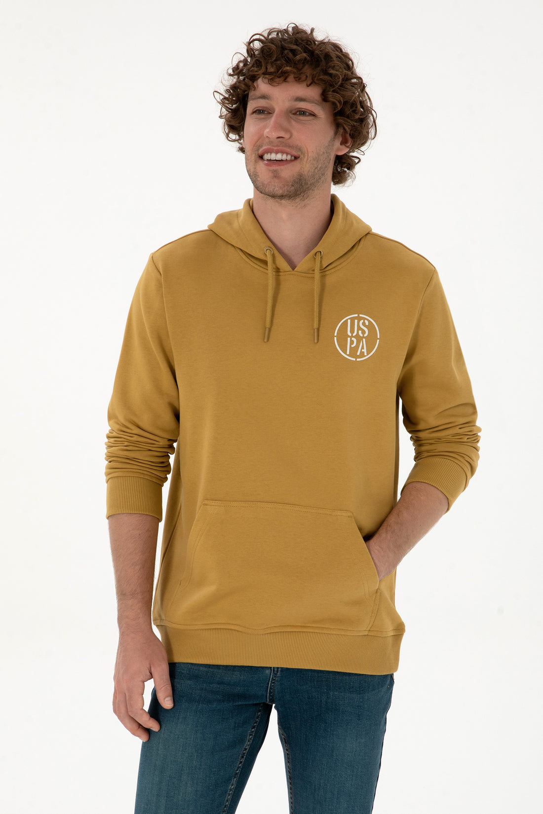 Erkek Regular Fit Kapişonlu Hardal Sweatshirt