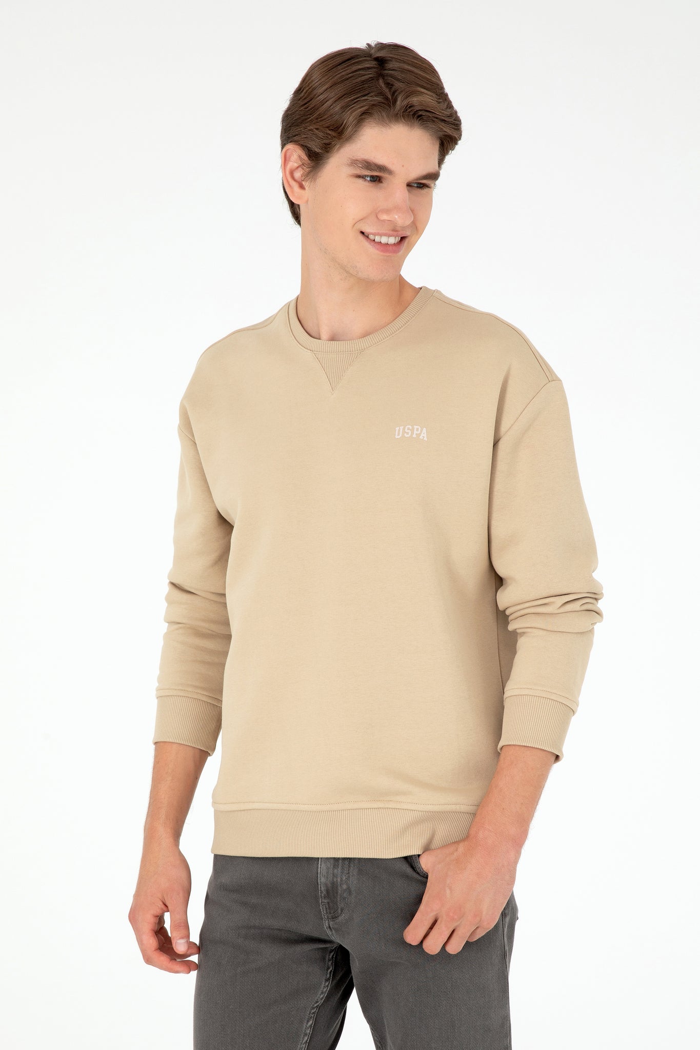 Comfort Fit Crew Neck Chiffon Sand Basic Sweatshirt