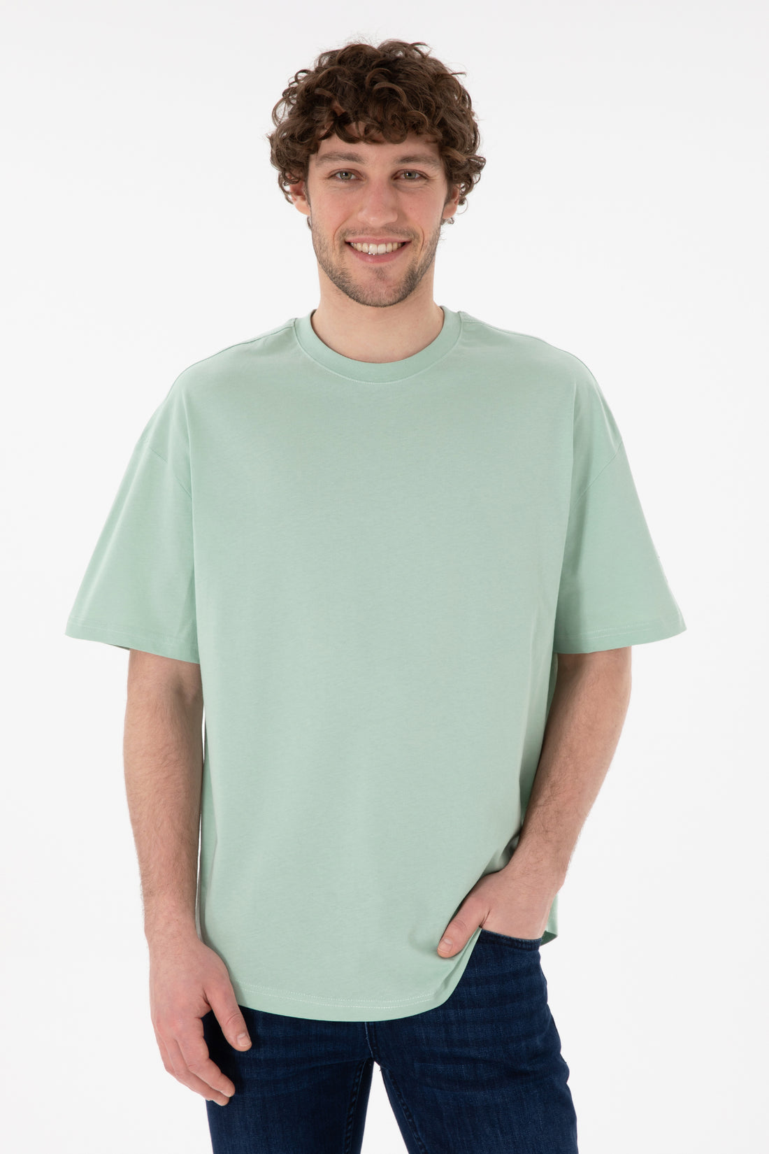 Men's Long Fit Crew Neck Water Green Basic T-Shirt