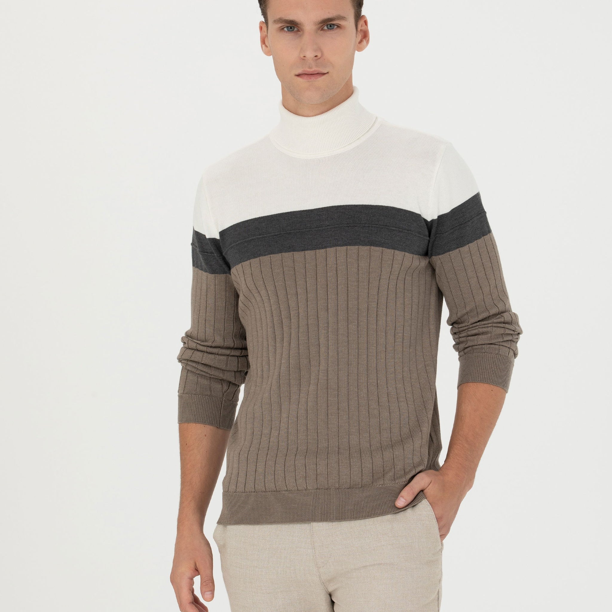 Mink Melange Slim Fit Turtleneck Sweater