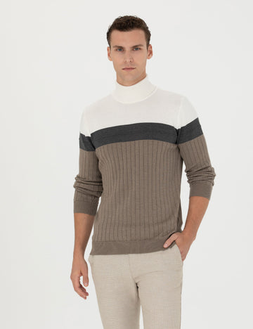 Mink Melange Slim Fit Turtleneck Sweater