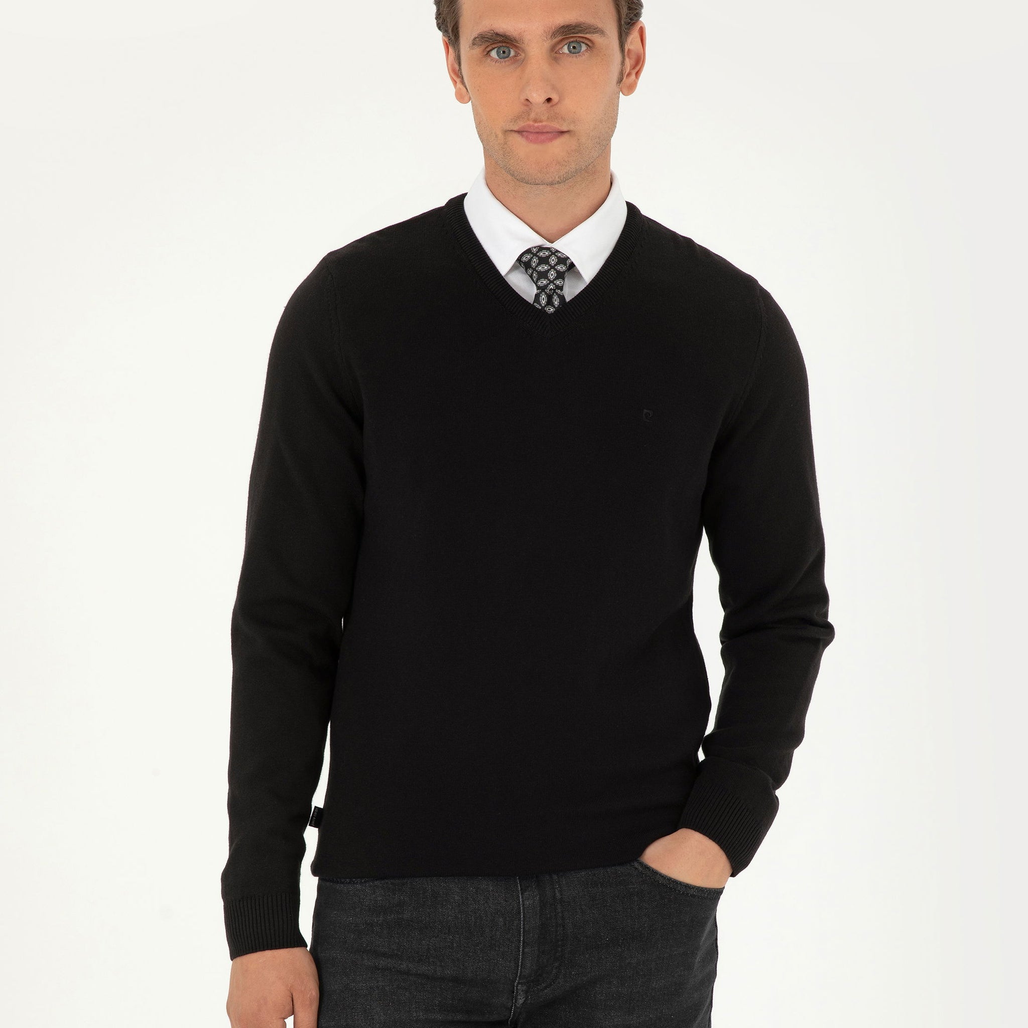 Black Slim Fit V Neck Basic Knitwear Sweater