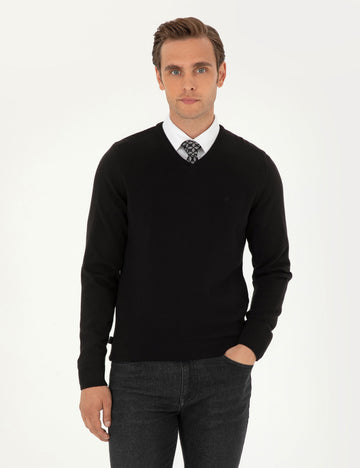 Black Slim Fit V Neck Basic Knitwear Sweater